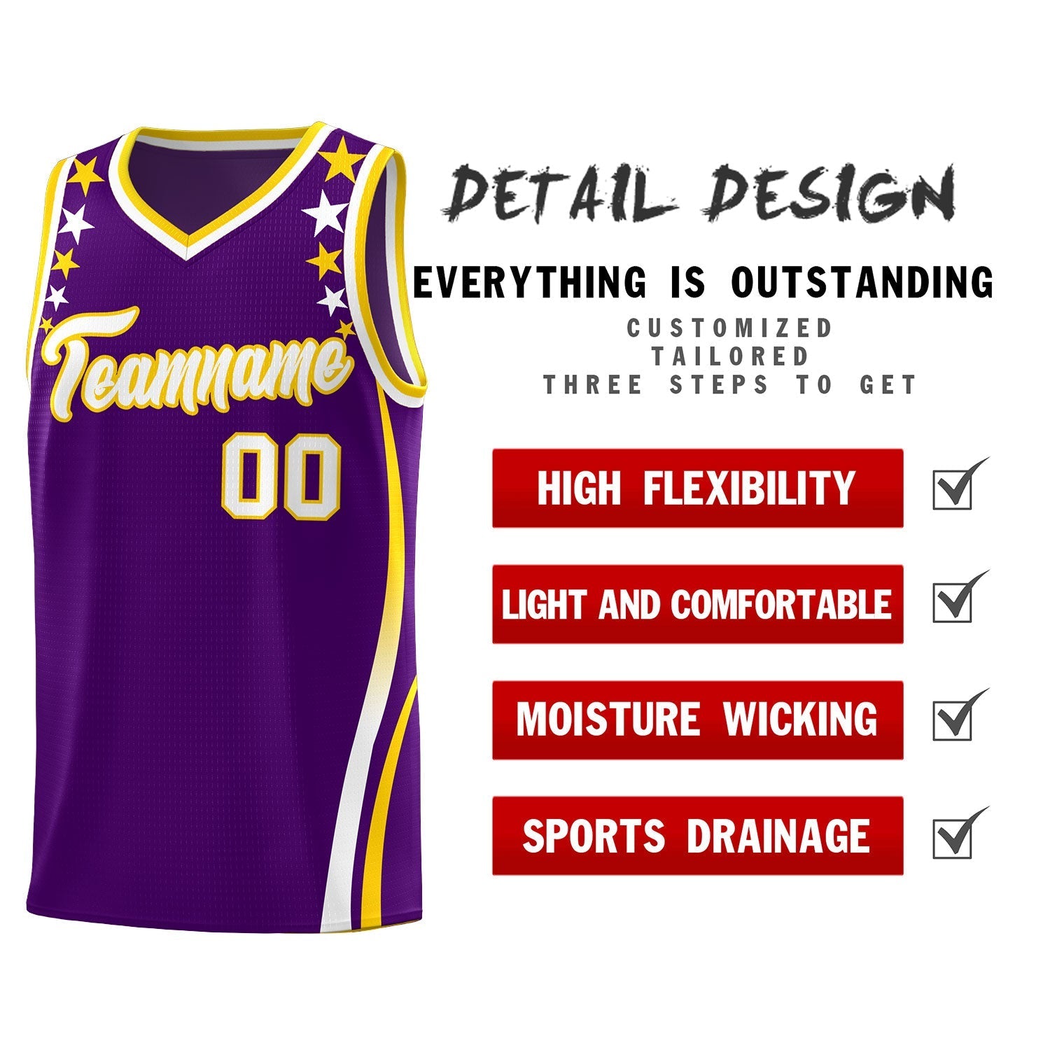 Custom Purple Shoulders Star Pattern Side Color Block Sports Uniform Basketball Kits