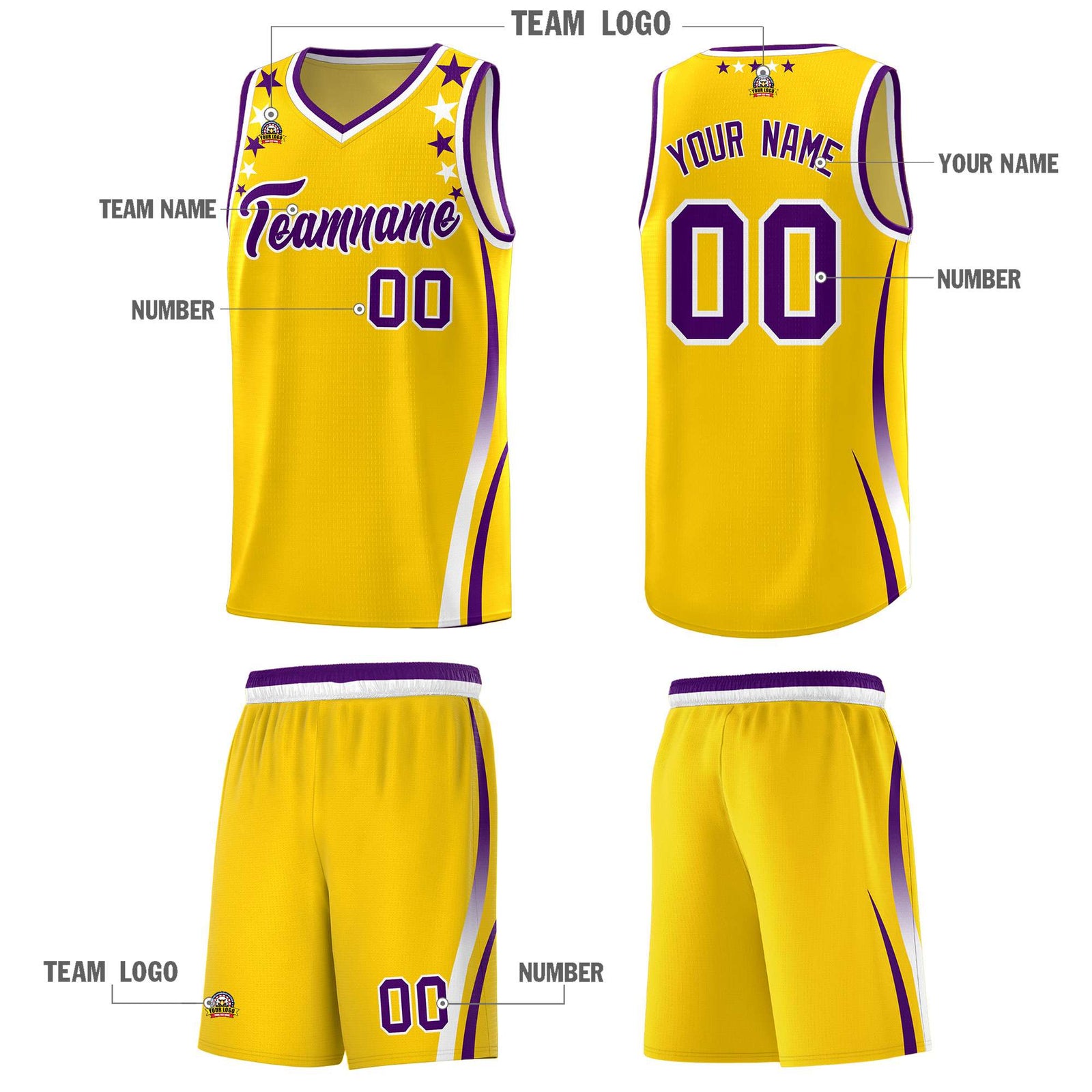 Custom Gold Shoulders Star Pattern Side Color Block Sports Uniform Basketball Kits