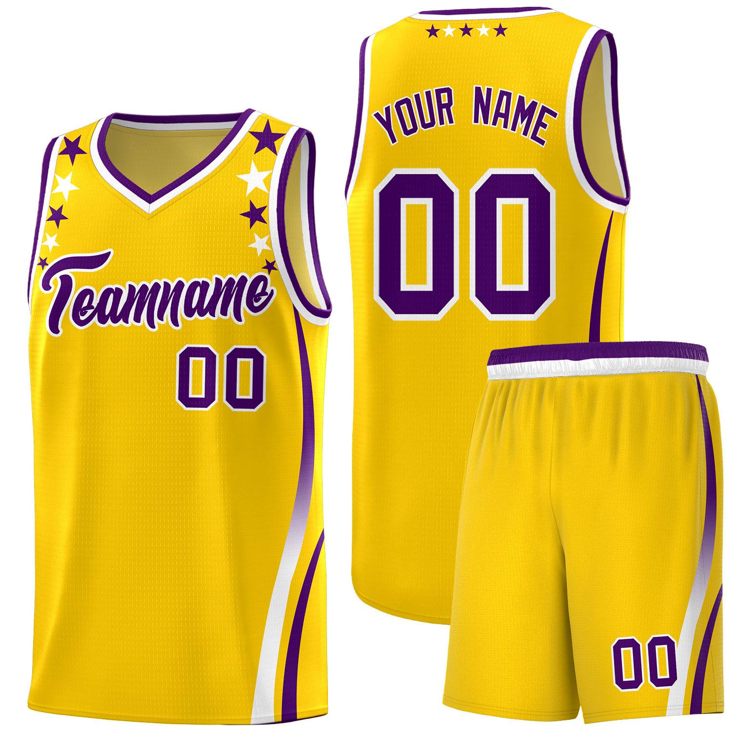 Custom Gold Shoulders Star Pattern Side Color Block Sports Uniform Basketball Kits