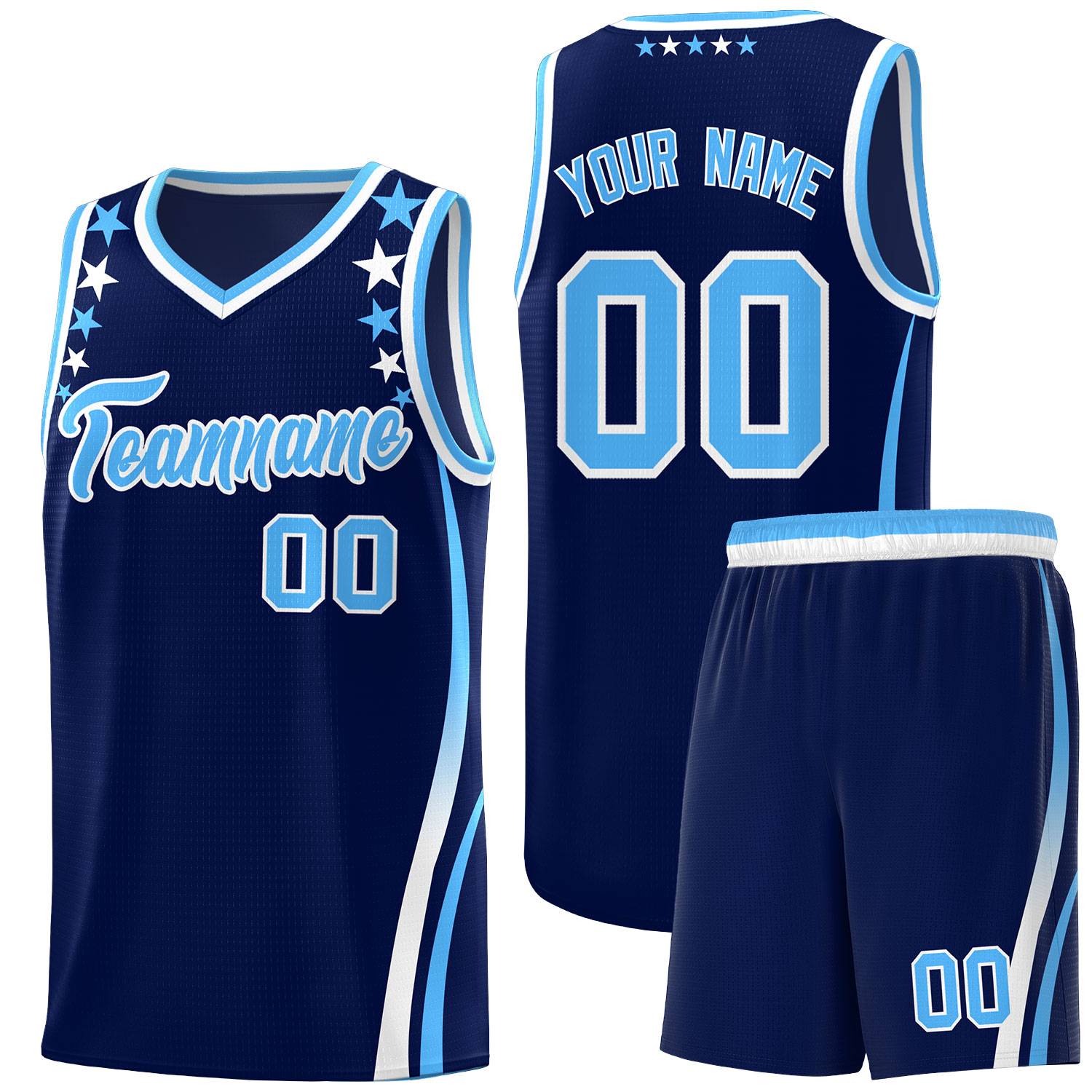 Custom Navy Shoulders Star Pattern Side Color Block Sports Uniform Basketball Kits