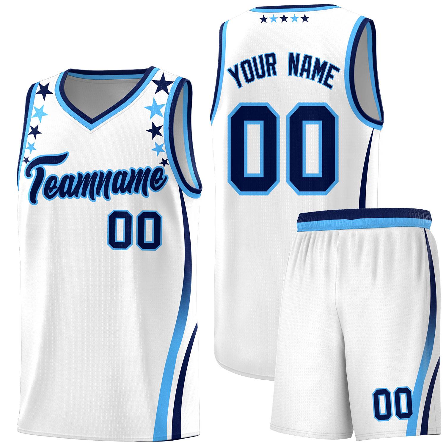 Custom White Shoulders Star Pattern Side Color Block Sports Uniform Basketball Kits