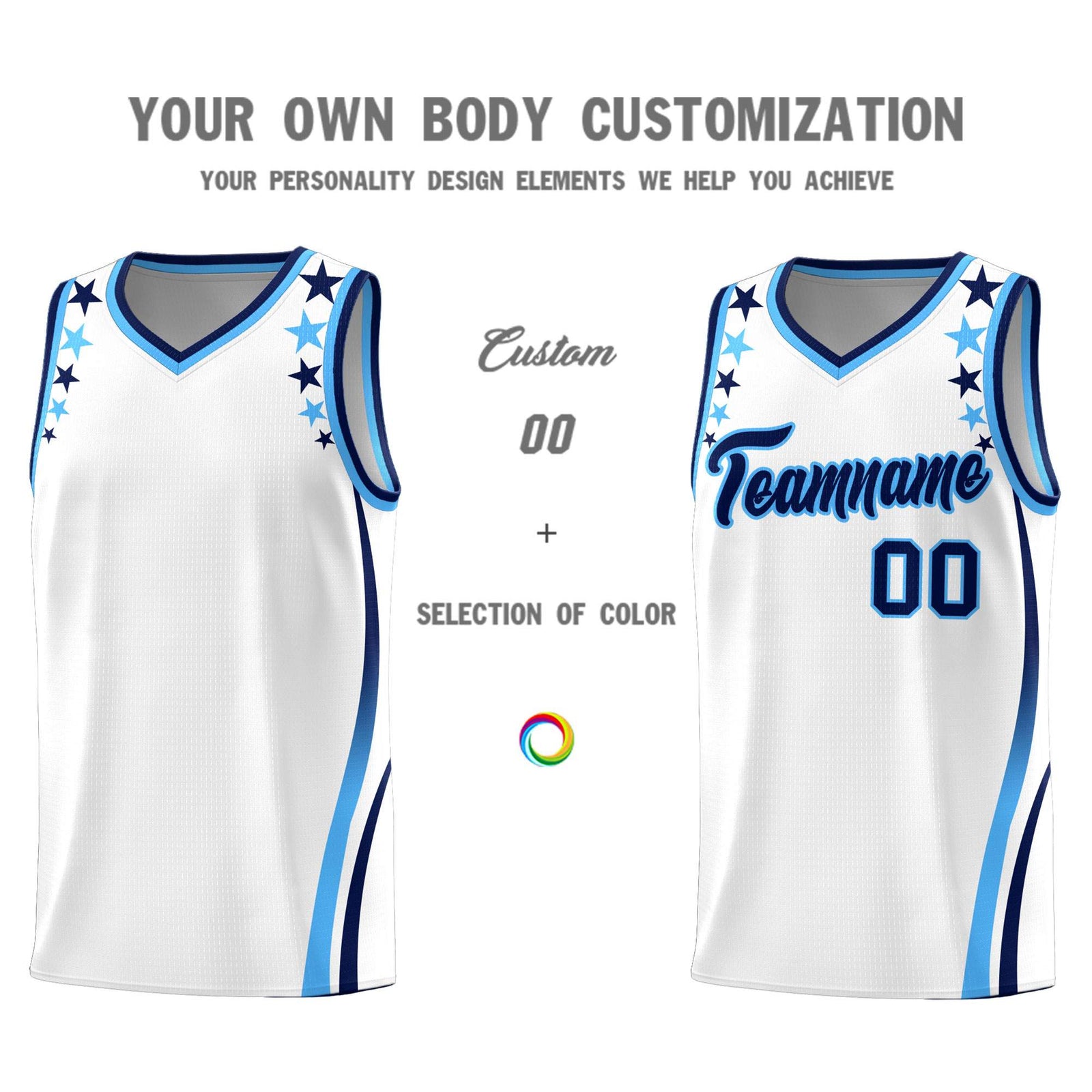 Custom White Shoulders Star Pattern Side Color Block Sports Uniform Basketball Kits