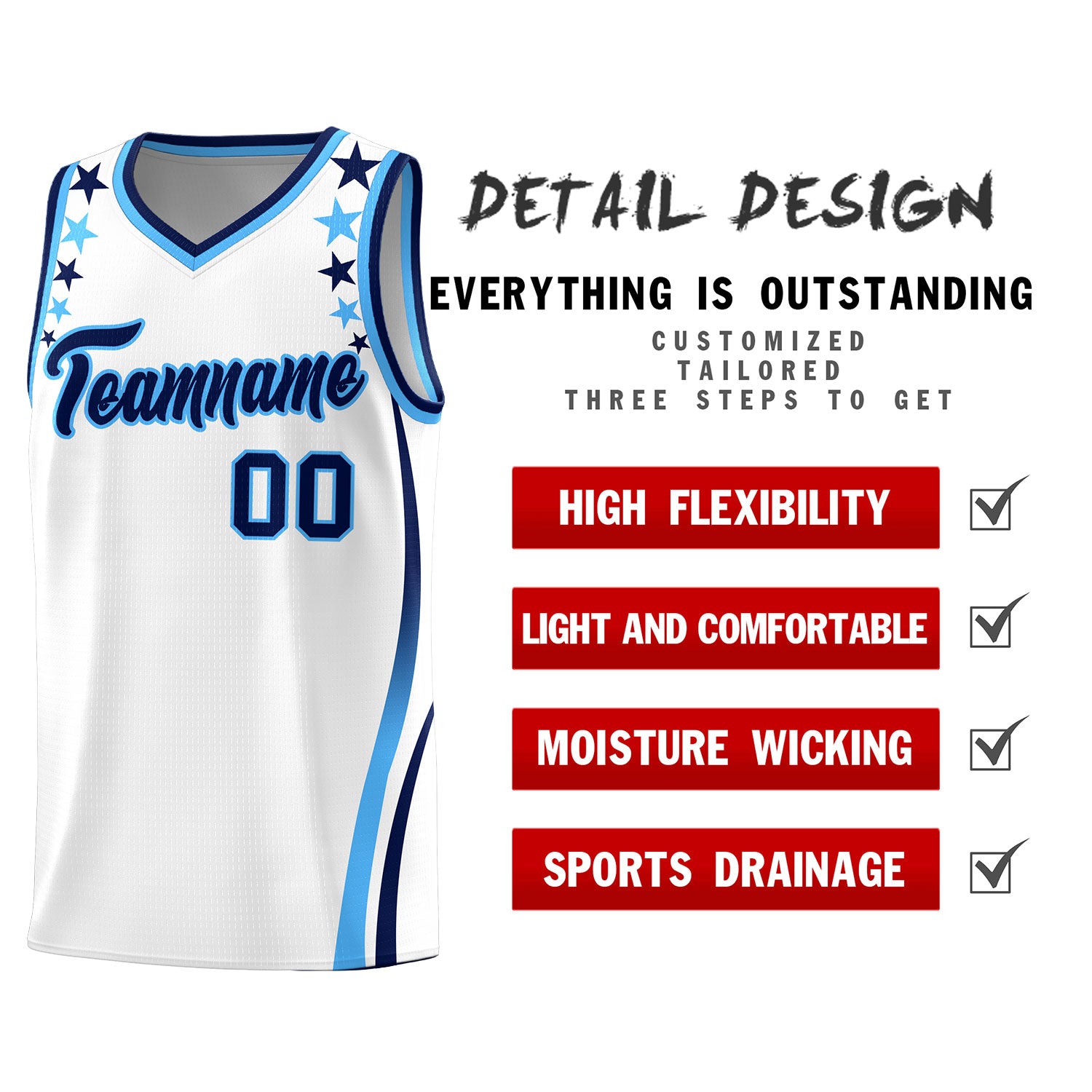 Custom White Shoulders Star Pattern Side Color Block Sports Uniform Basketball Kits