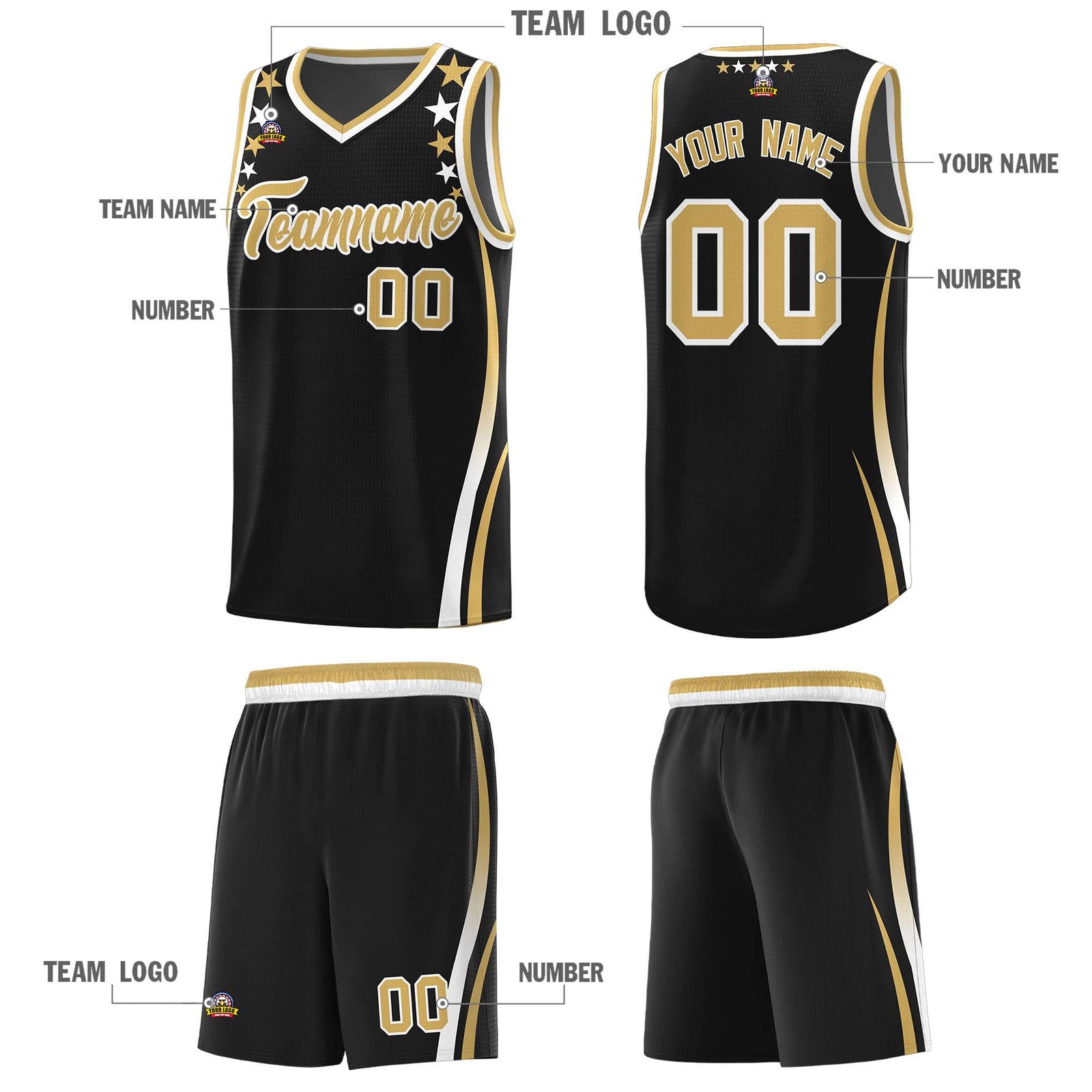 Custom Black Shoulders Star Pattern Side Color Block Sports Uniform Basketball Kits
