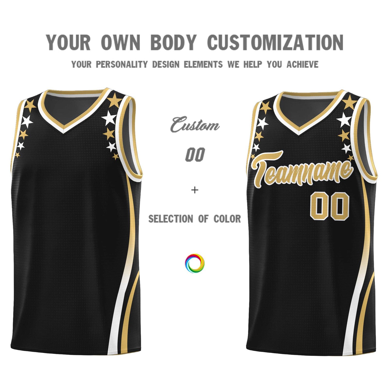 Custom Black Shoulders Star Pattern Side Color Block Sports Uniform Basketball Kits