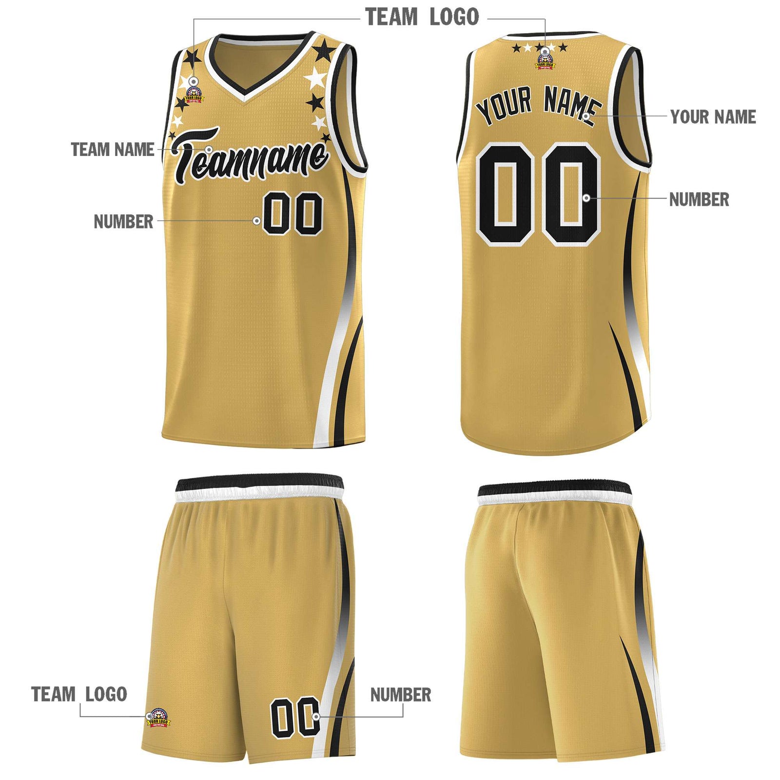 Custom Old Gold Shoulders Star Pattern Side Color Block Sports Uniform Basketball Kits