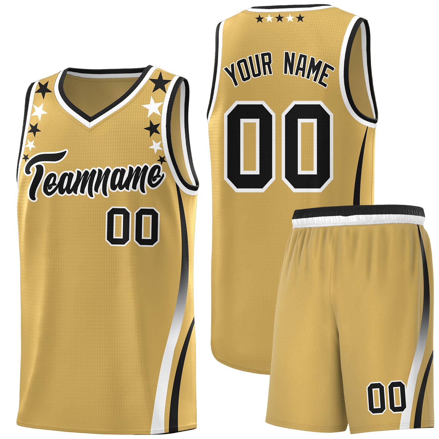 Custom Old Gold Shoulders Star Pattern Side Color Block Sports Uniform Basketball Kits