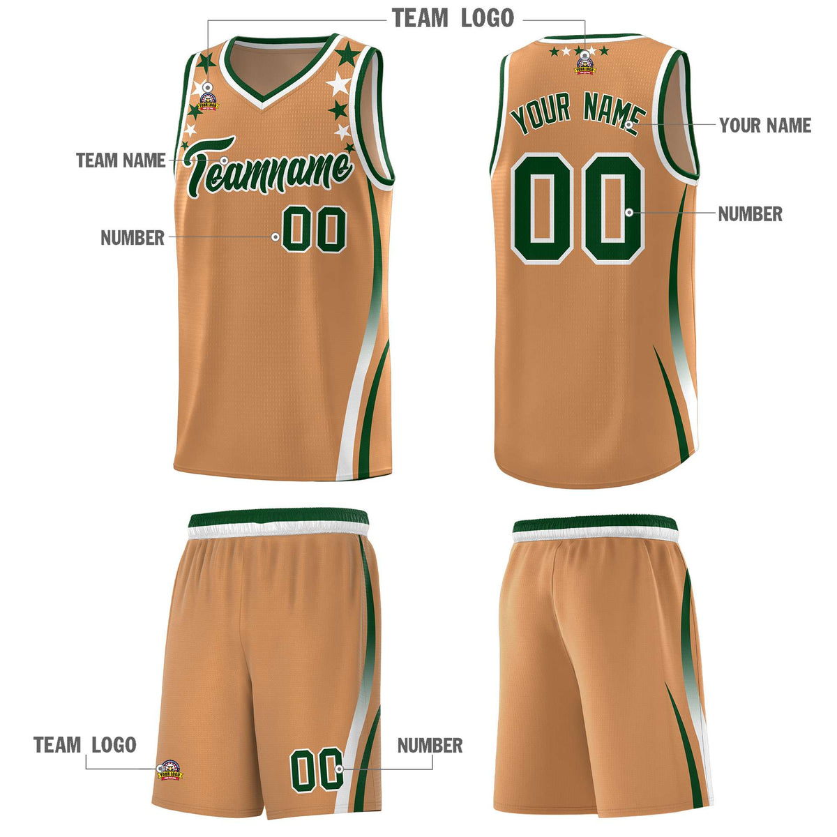 Custom Light Brown Shoulders Star Pattern Side Color Block Sports Uniform Basketball Kits