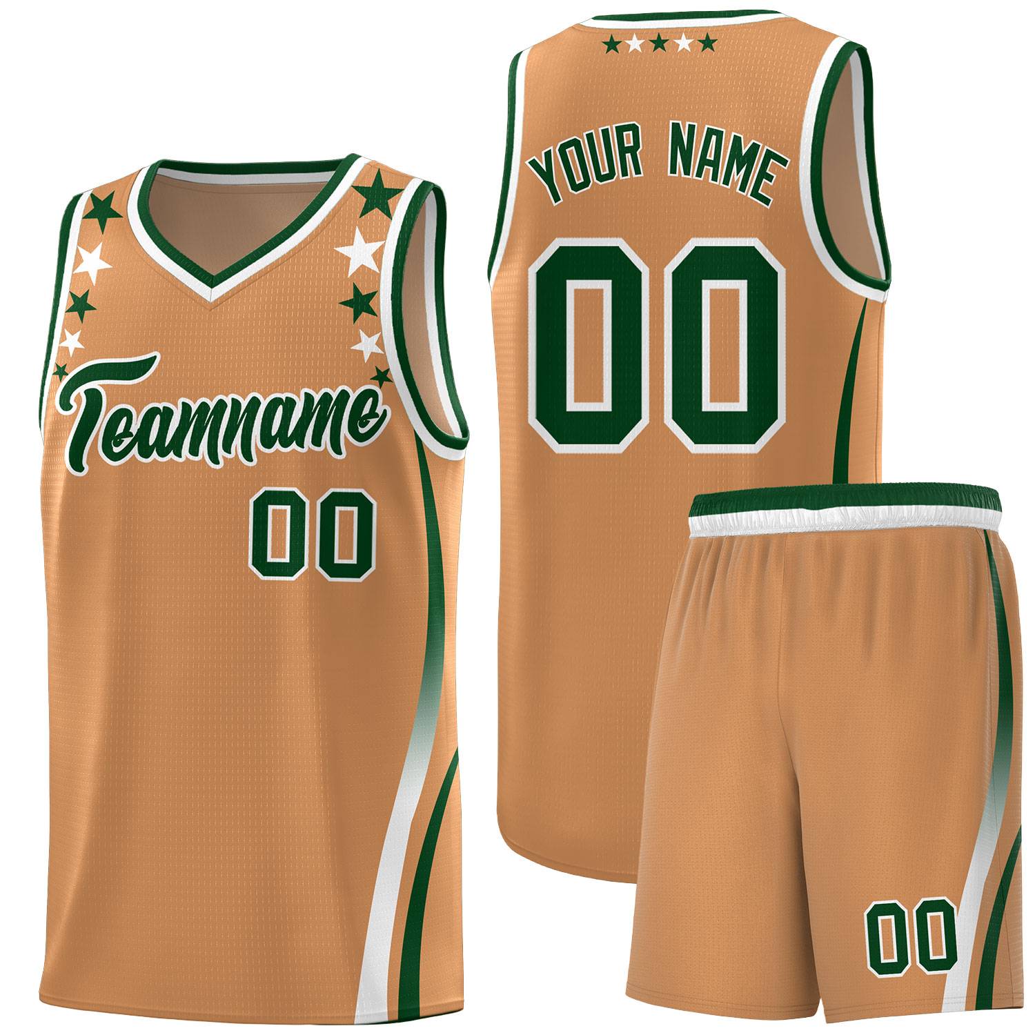 Custom Light Brown Shoulders Star Pattern Side Color Block Sports Uniform Basketball Kits
