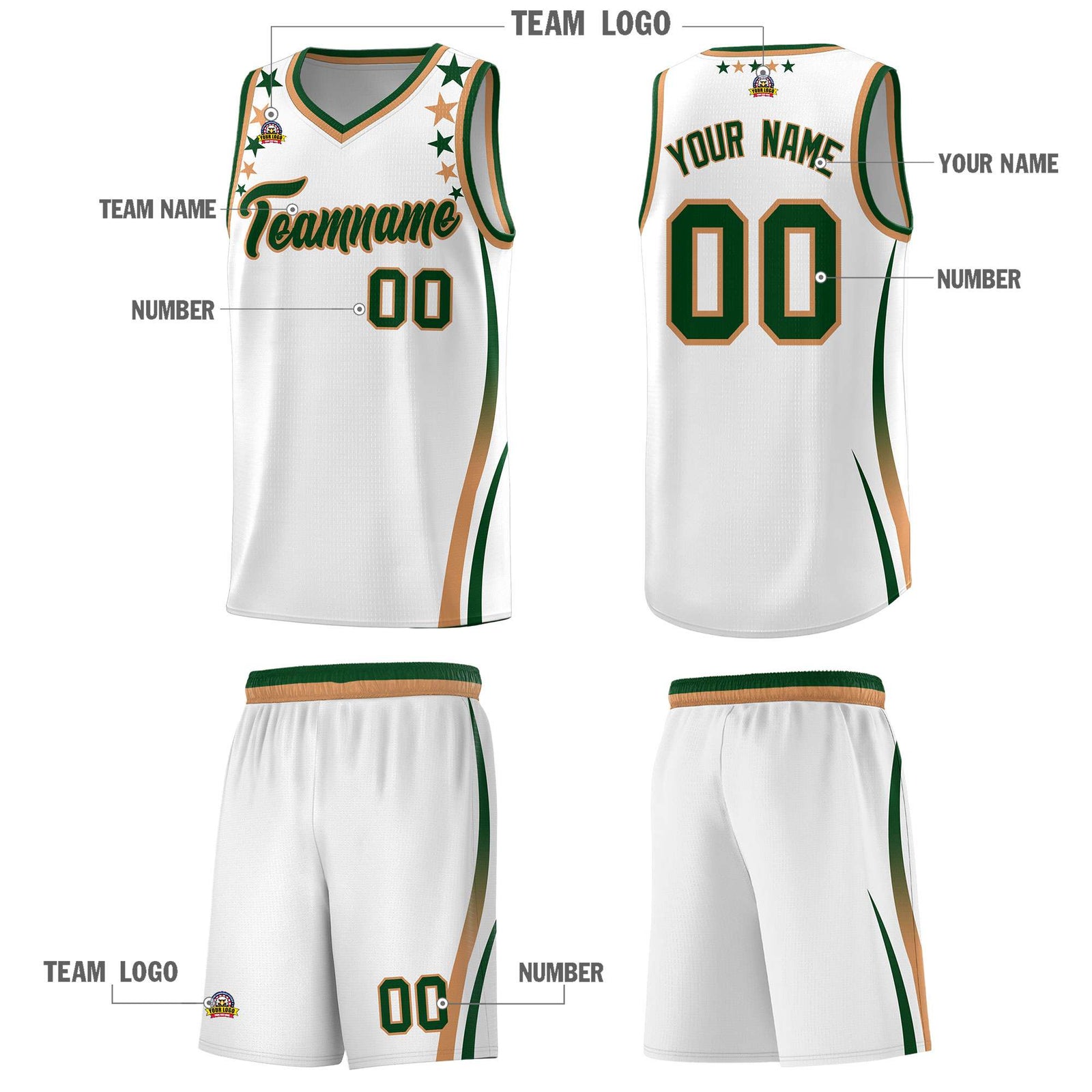 Custom White Shoulders Star Pattern Side Color Block Sports Uniform Basketball Kits