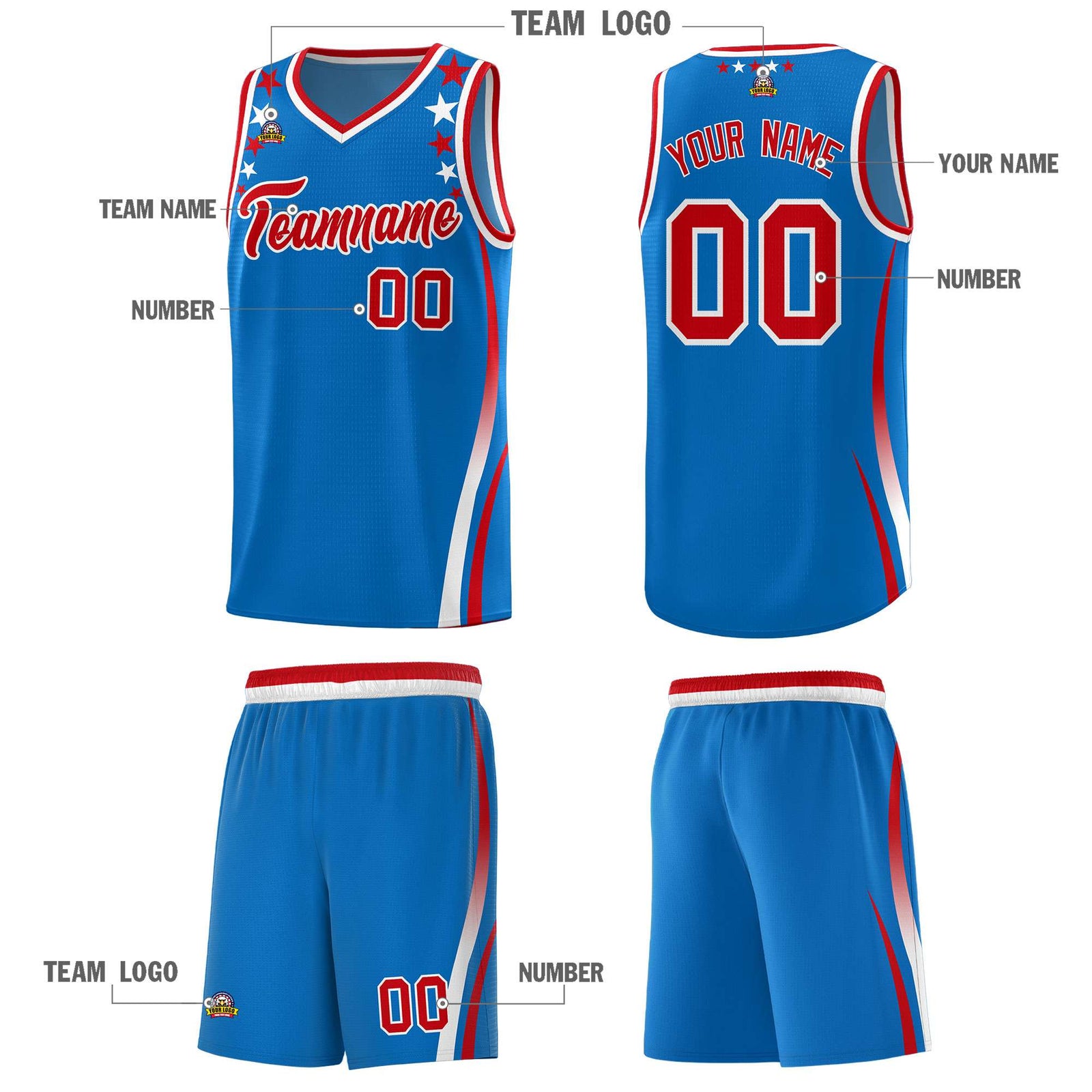 Custom Royal Shoulders Star Pattern Side Color Block Sports Uniform Basketball Kits