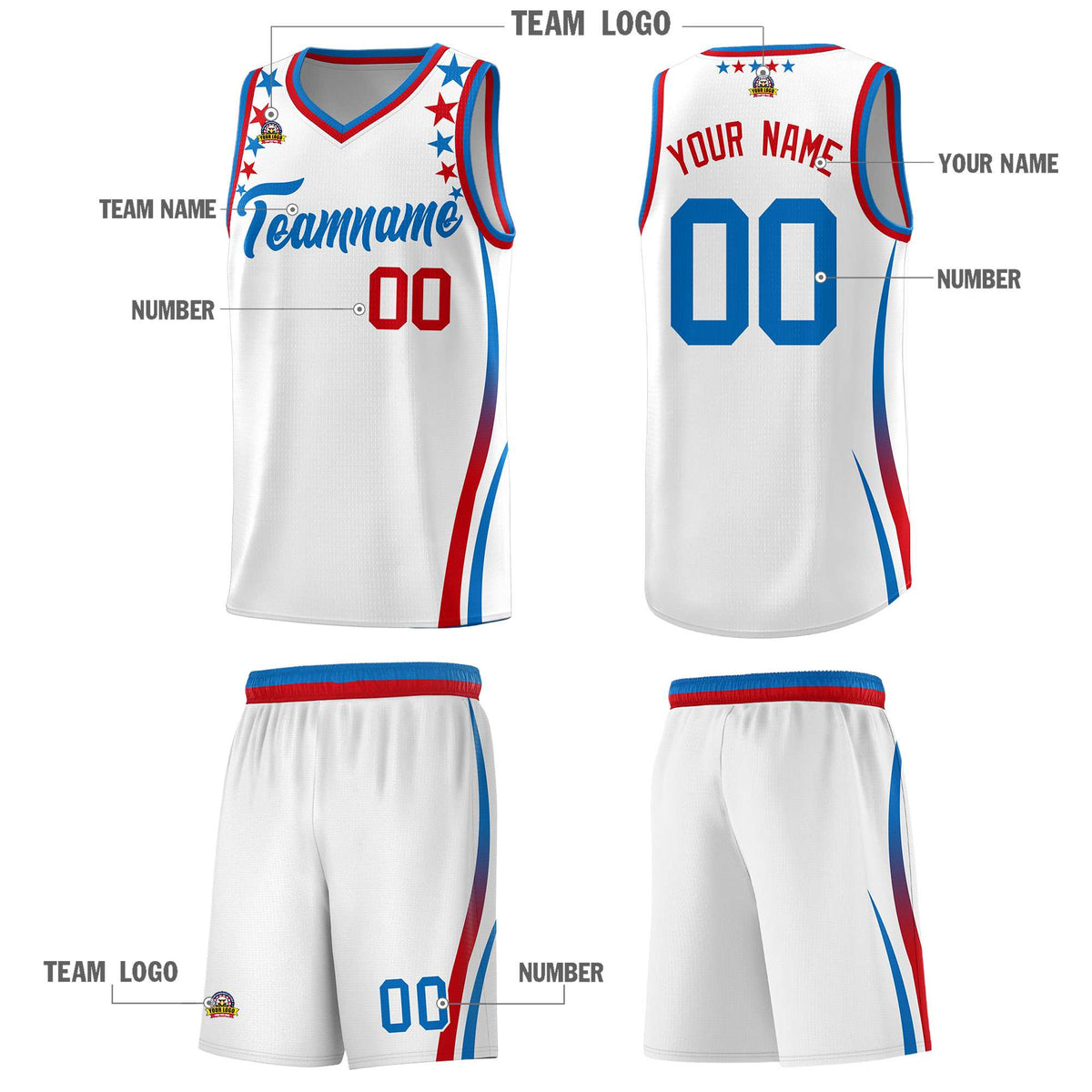 Custom White Shoulders Star Pattern Side Color Block Sports Uniform Basketball Kits
