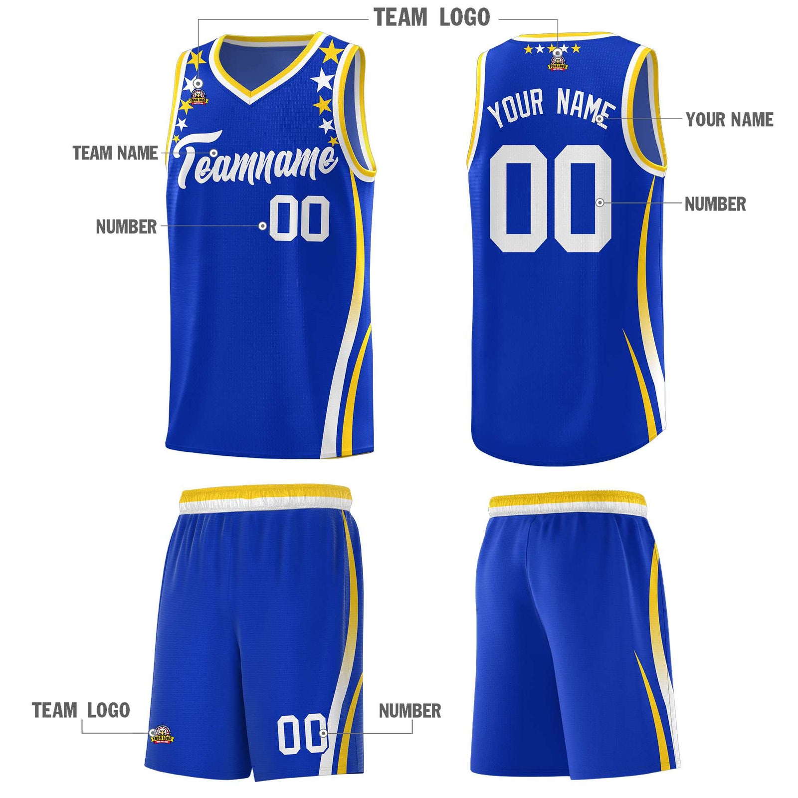 Custom Royal Shoulders Star Pattern Side Color Block Sports Uniform Basketball Kits