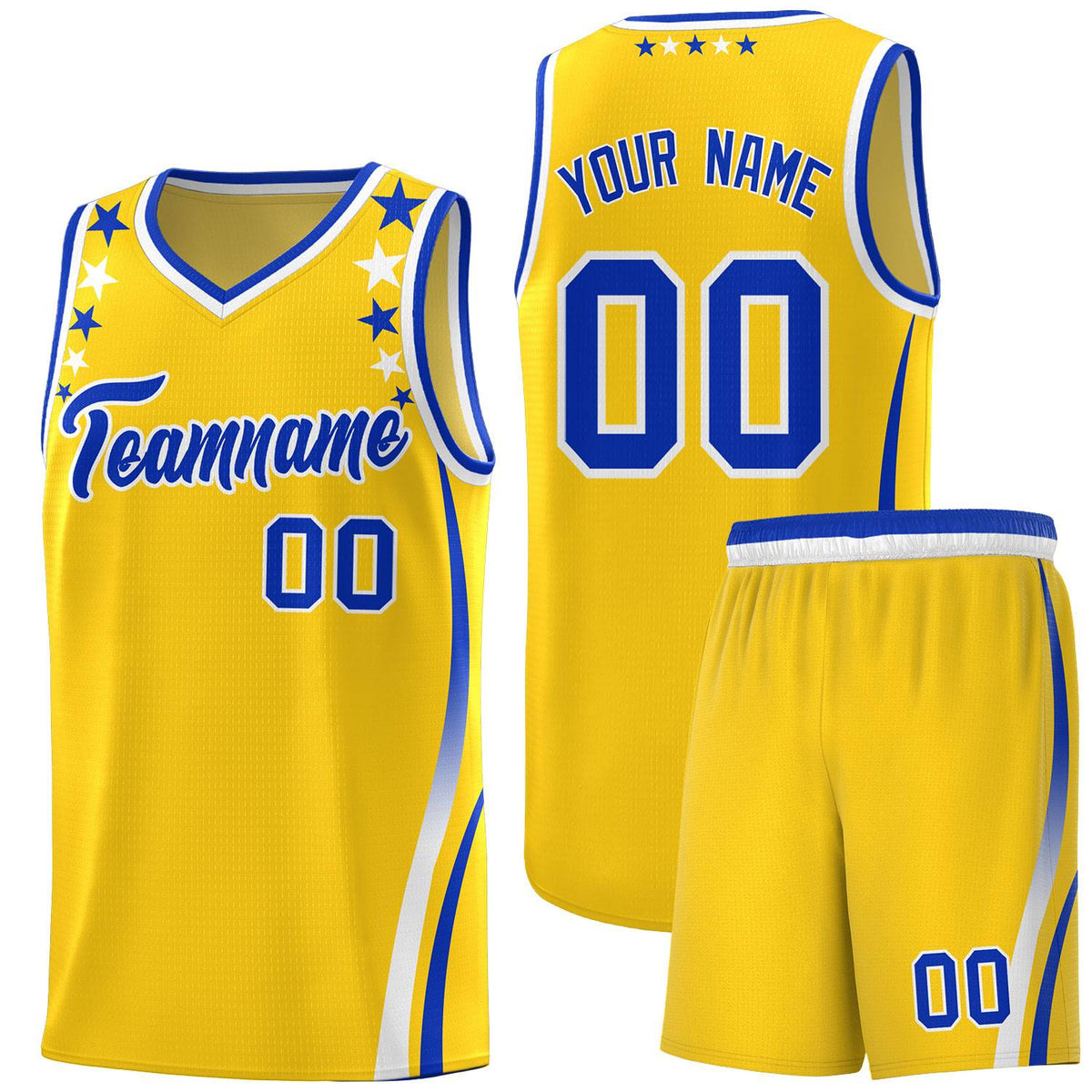 Custom Gold Shoulders Star Pattern Side Color Block Sports Uniform Basketball Kits