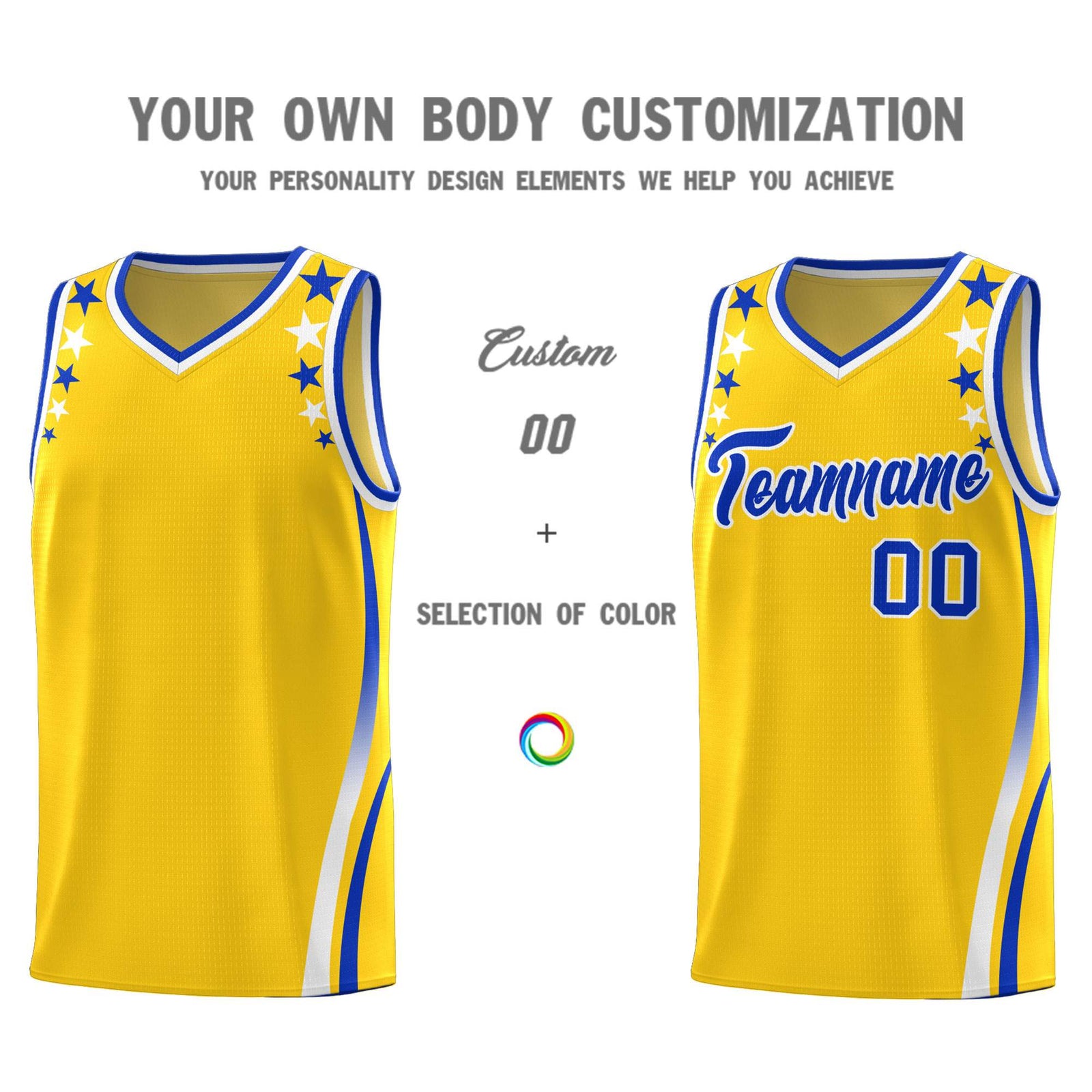 Custom Gold Shoulders Star Pattern Side Color Block Sports Uniform Basketball Kits