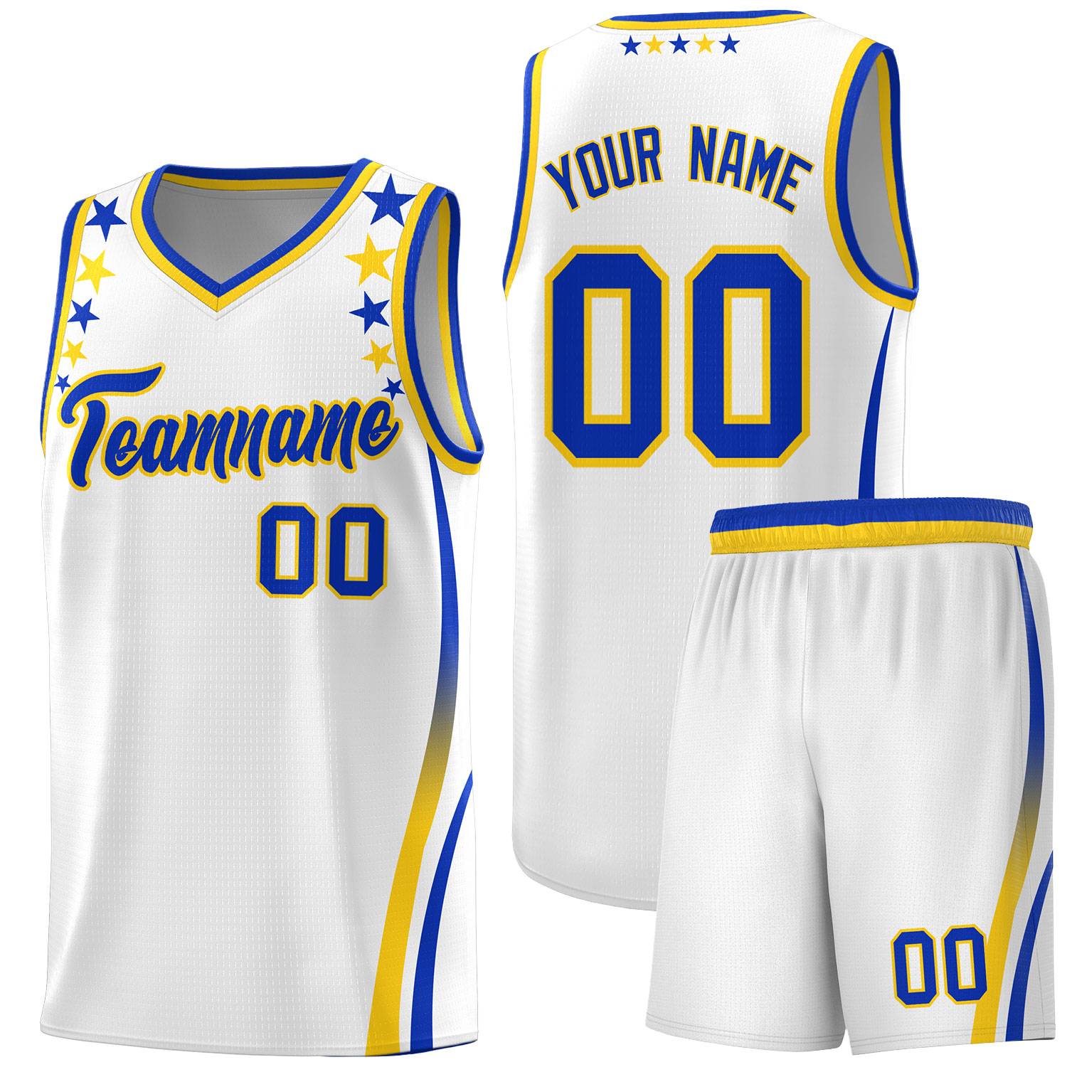 Custom White Shoulders Star Pattern Side Color Block Sports Uniform Basketball Kits