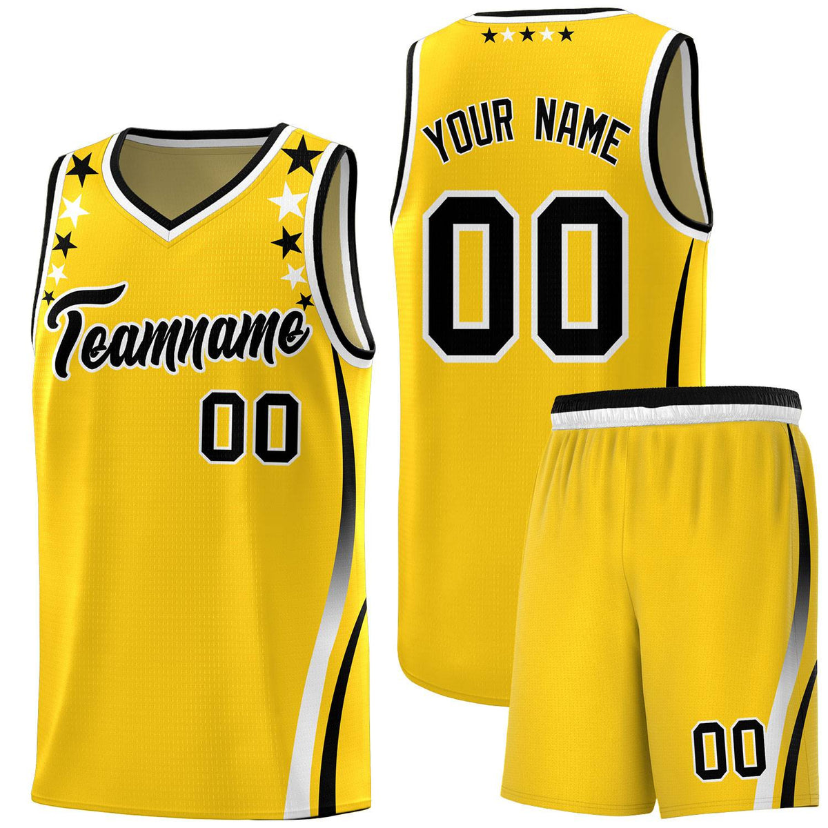 Custom Gold Shoulders Star Pattern Side Color Block Sports Uniform Basketball Kits