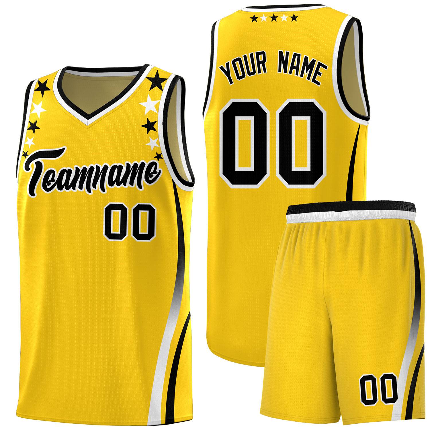 Custom Gold Shoulders Star Pattern Side Color Block Sports Uniform Basketball Kits