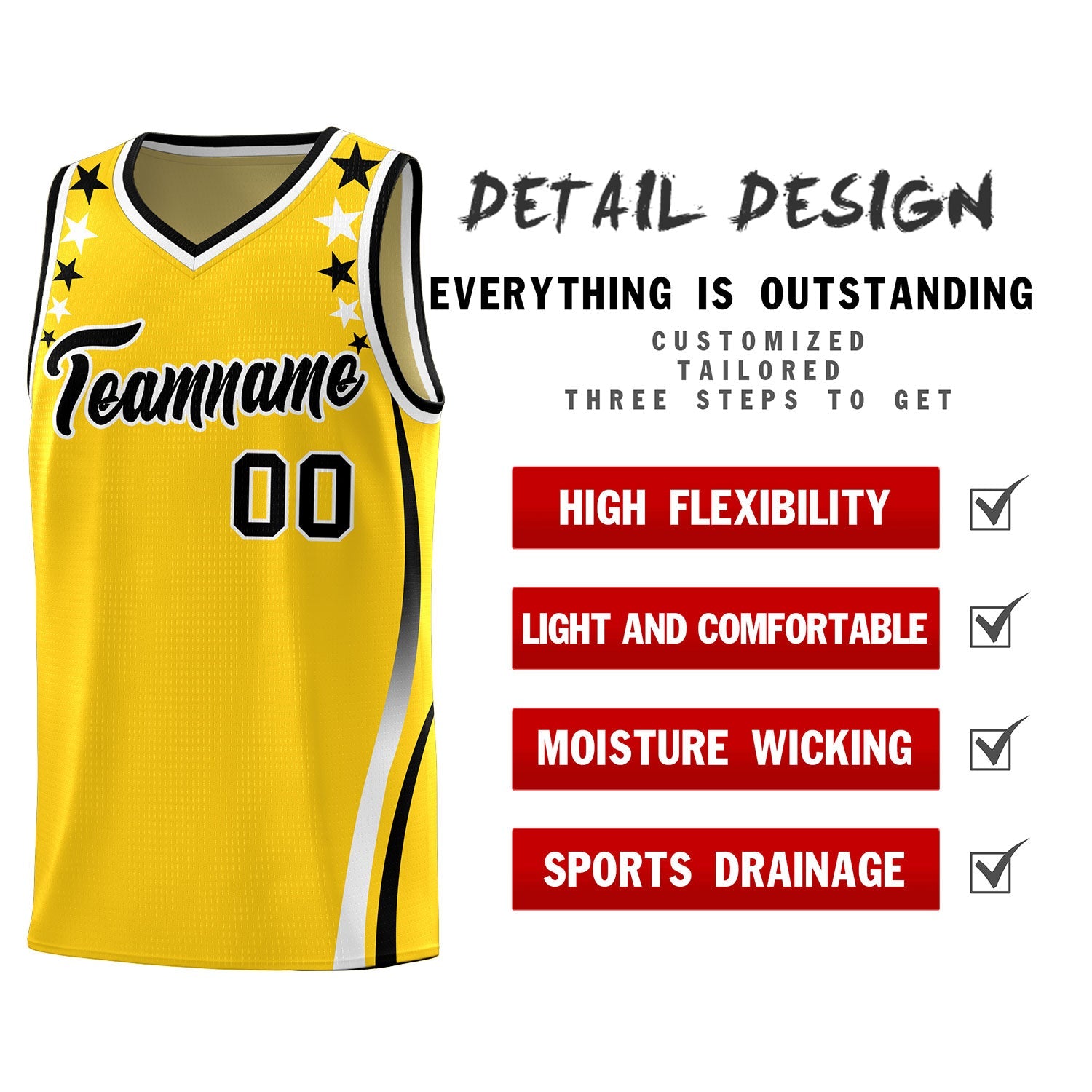 Custom Gold Shoulders Star Pattern Side Color Block Sports Uniform Basketball Kits