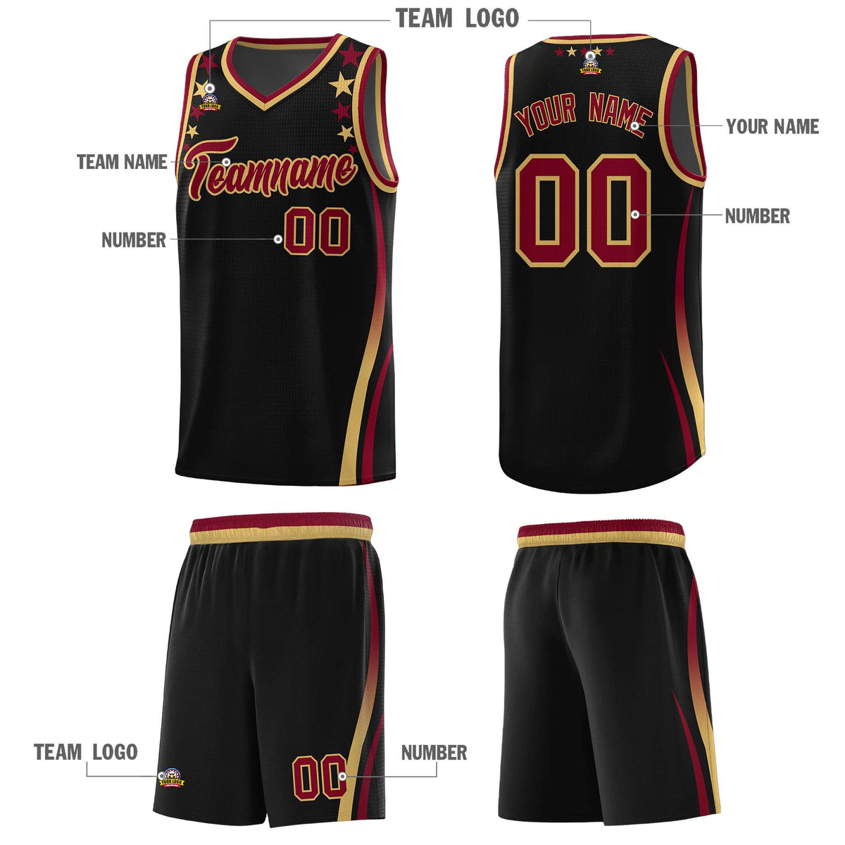 Custom Black Shoulders Star Pattern Side Color Block Sports Uniform Basketball Kits
