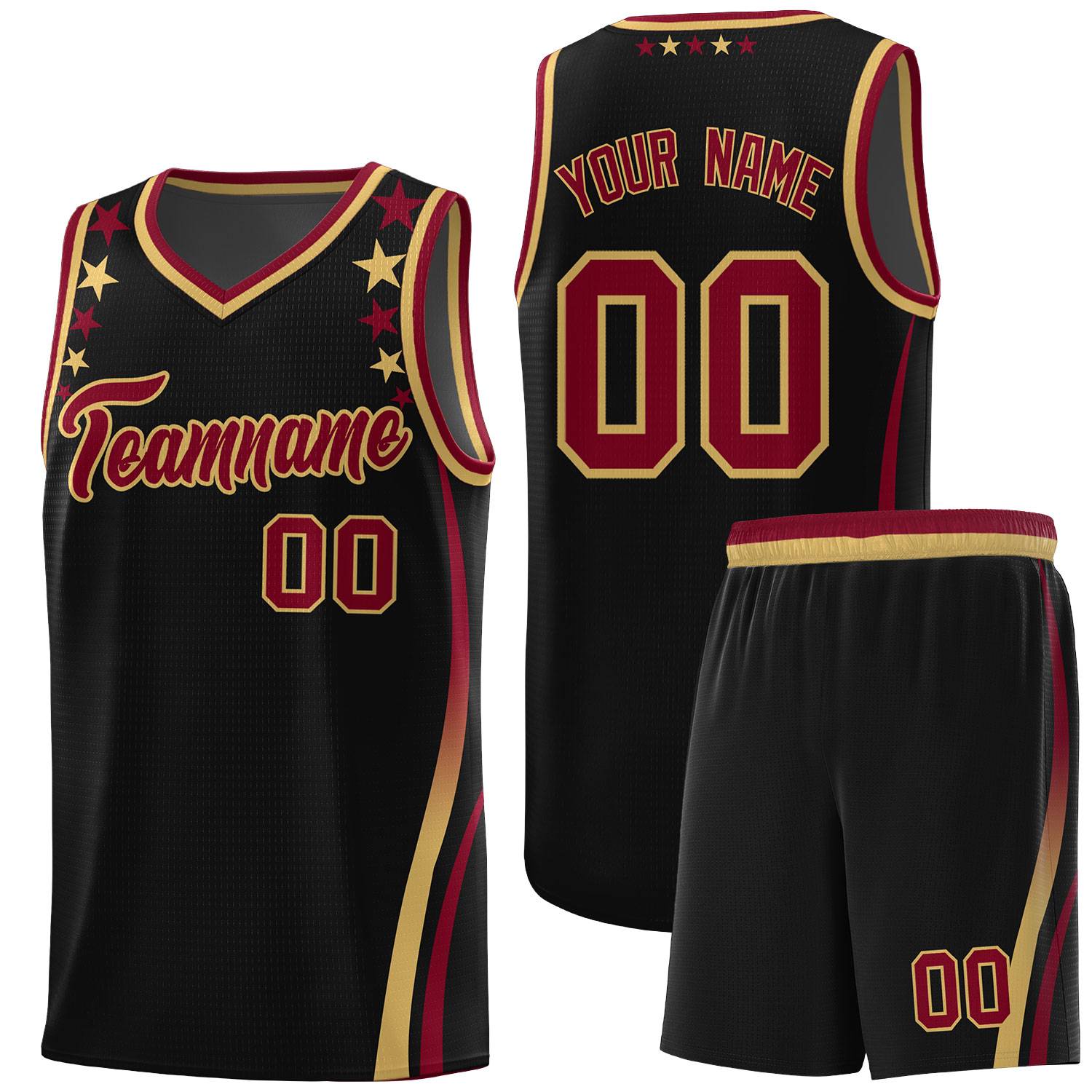 Custom Black Shoulders Star Pattern Side Color Block Sports Uniform Basketball Kits