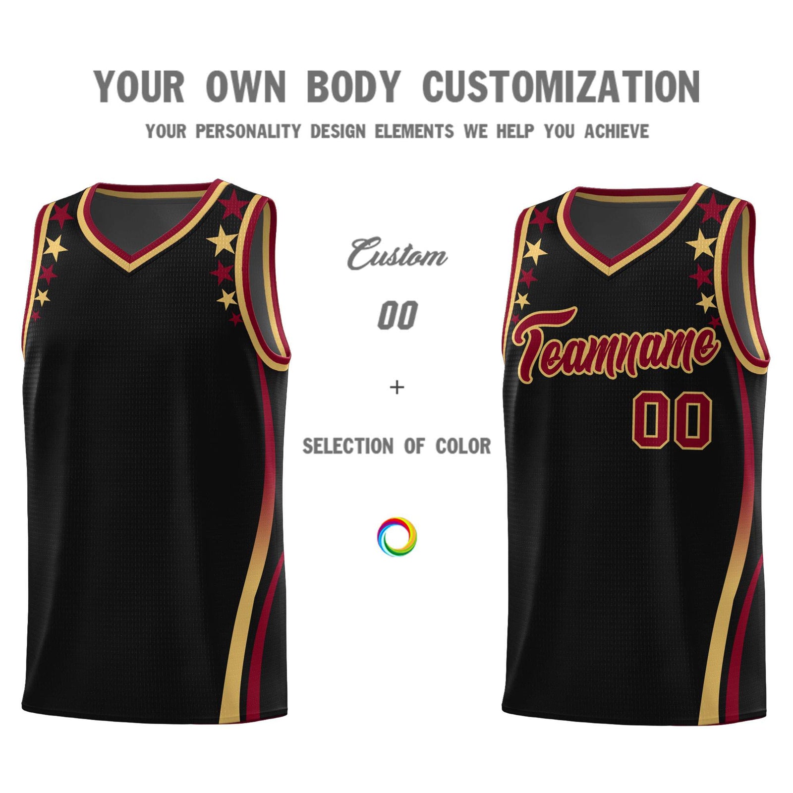 Custom Black Shoulders Star Pattern Side Color Block Sports Uniform Basketball Kits