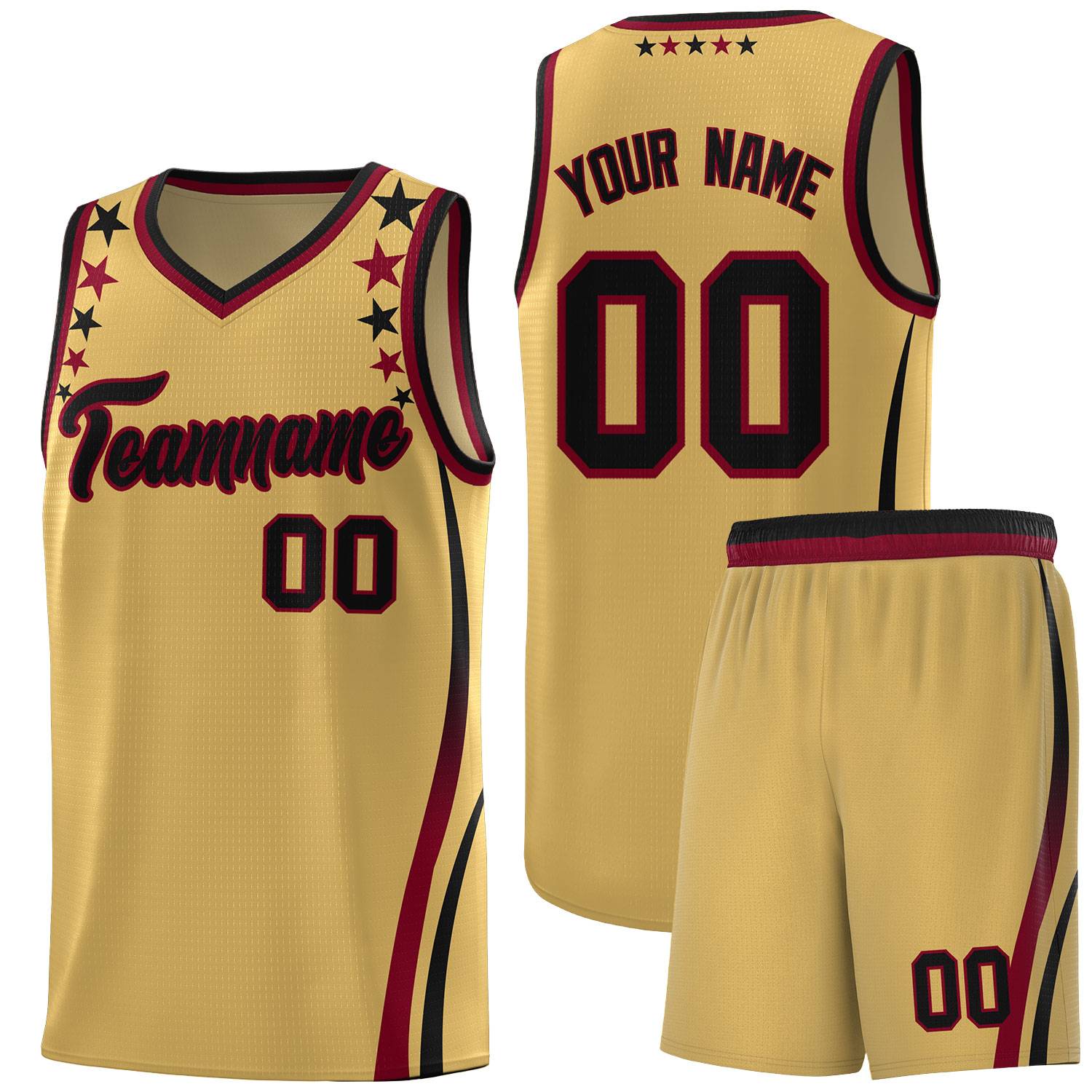 Custom Old Gold Shoulders Star Pattern Side Color Block Sports Uniform Basketball Kits