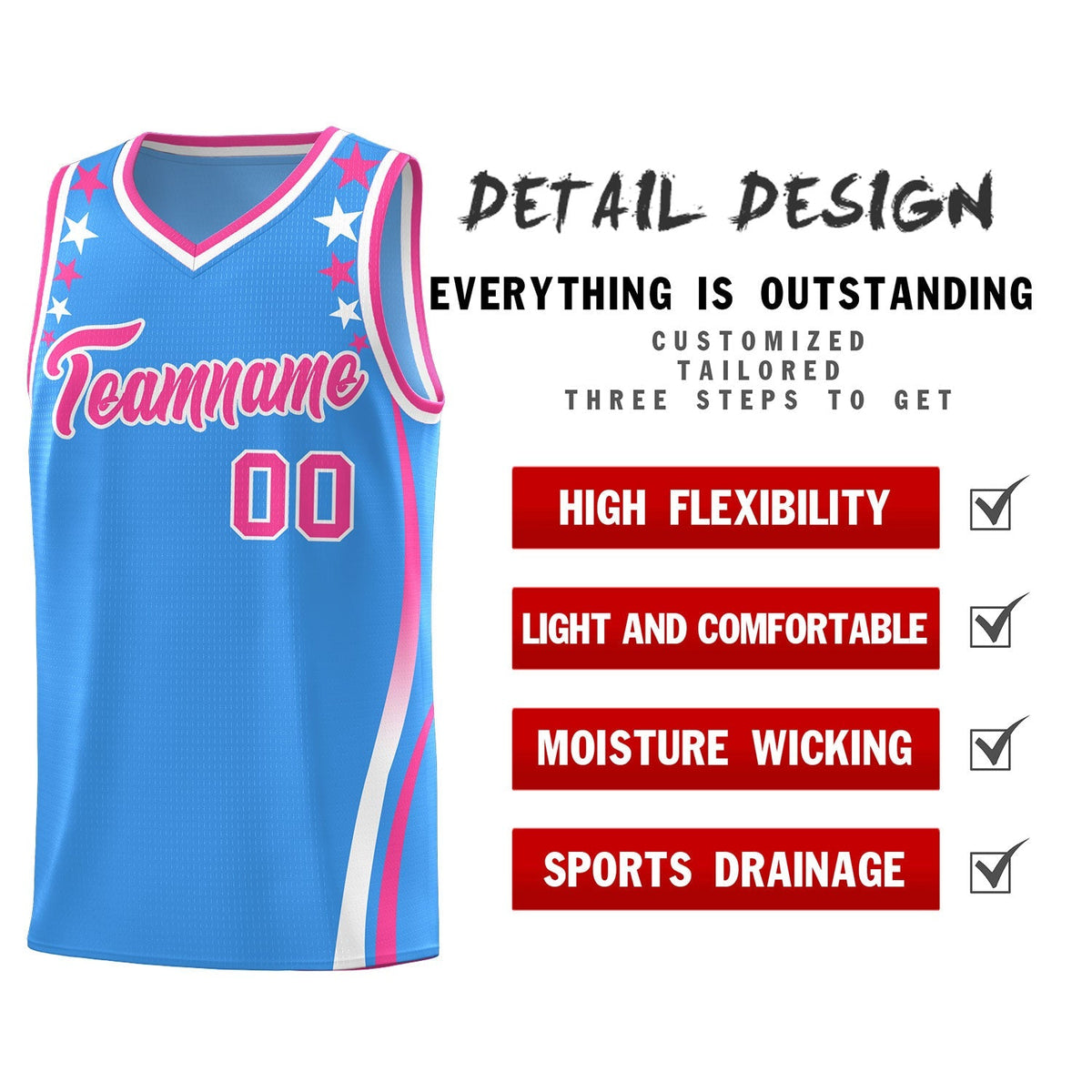 Custom Light Blue Shoulders Star Pattern Side Color Block Sports Uniform Basketball Kits