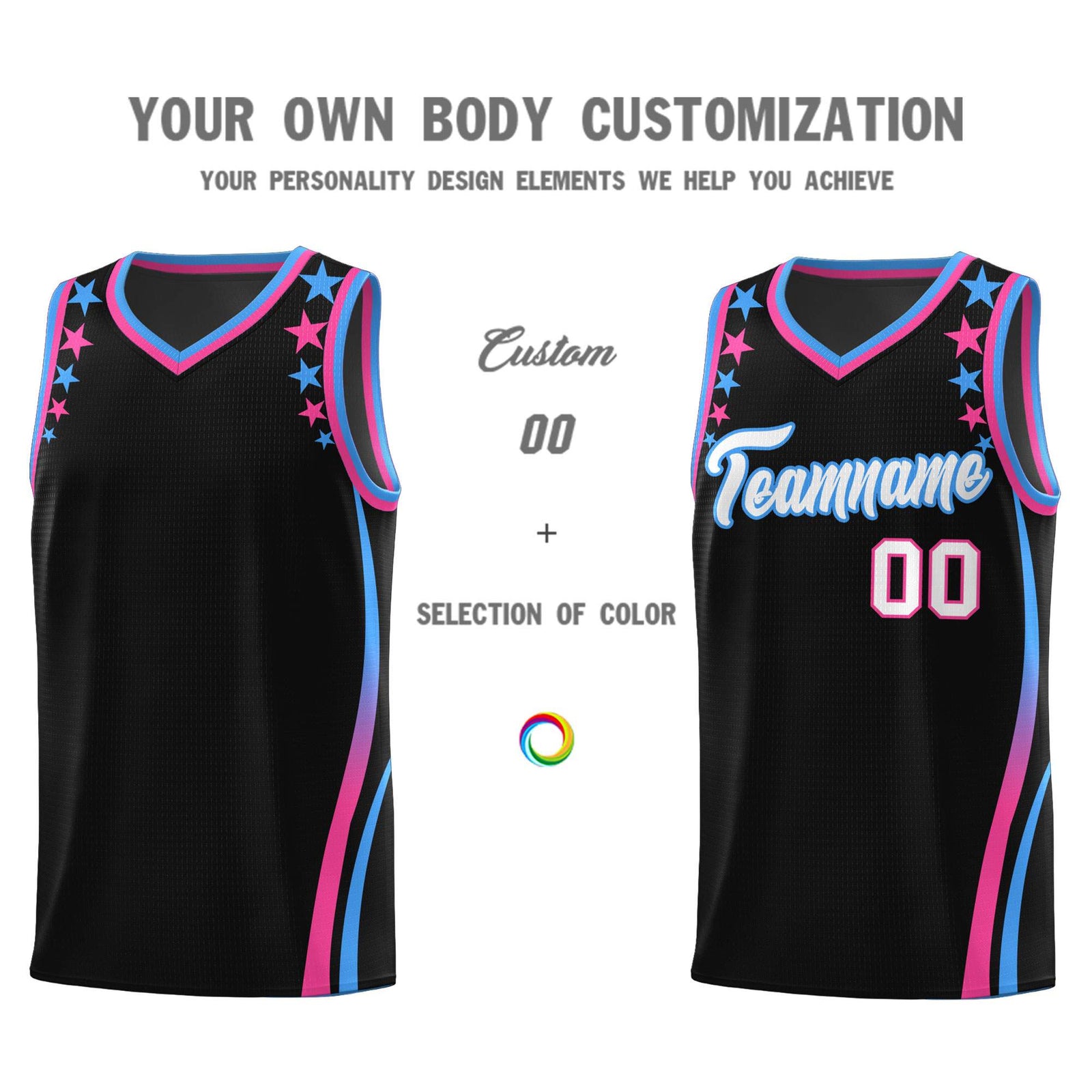 Custom Black Shoulders Star Pattern Side Color Block Sports Uniform Basketball Kits