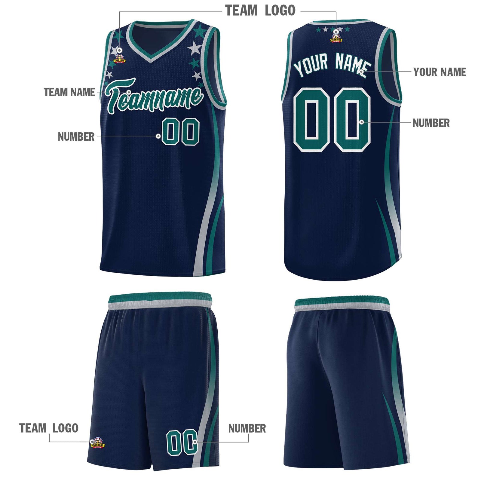 Custom Navy Shoulders Star Pattern Side Color Block Sports Uniform Basketball Kits