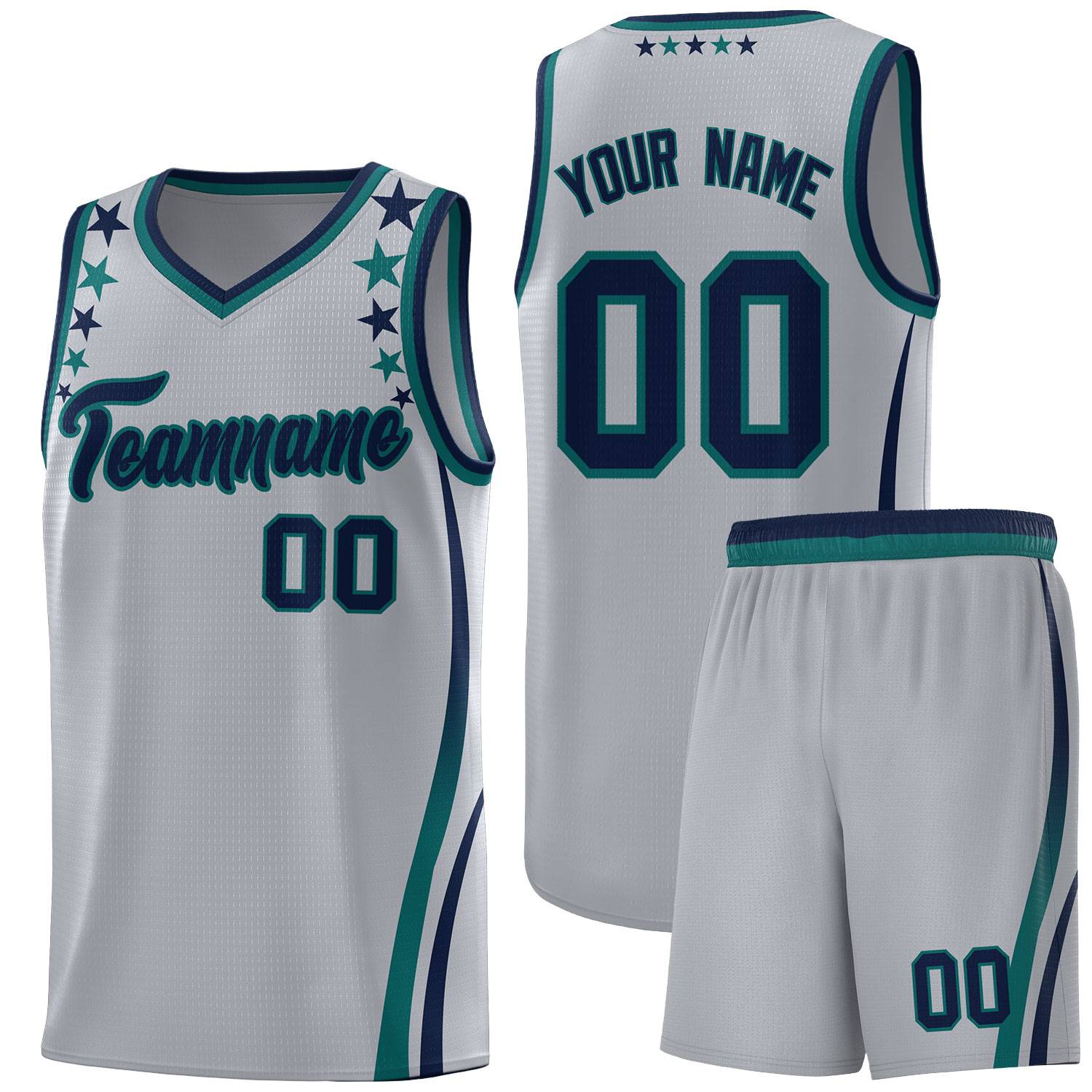 Custom Gray Shoulders Star Pattern Side Color Block Sports Uniform Basketball Kits