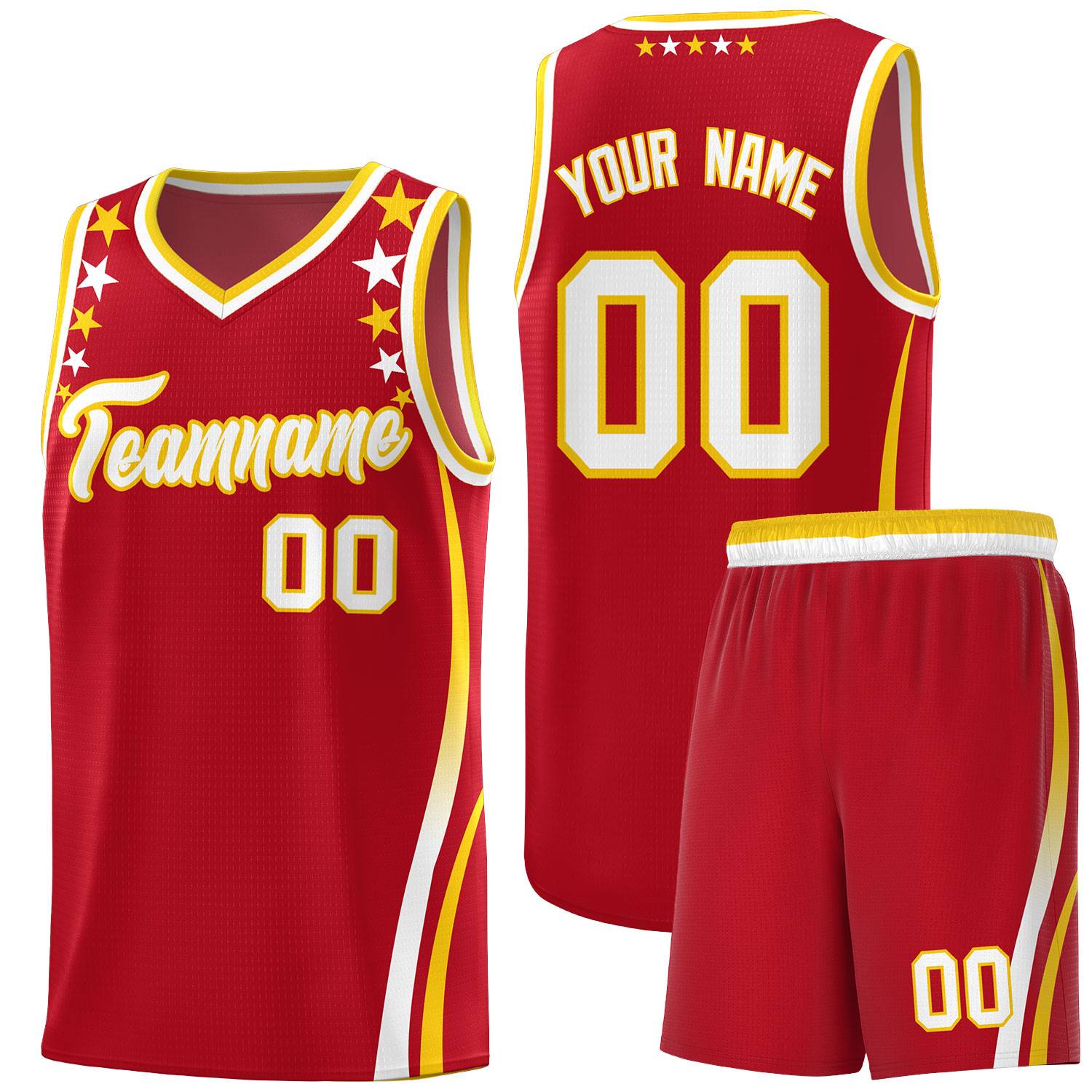 Custom Red Shoulders Star Pattern Side Color Block Sports Uniform Basketball Kits