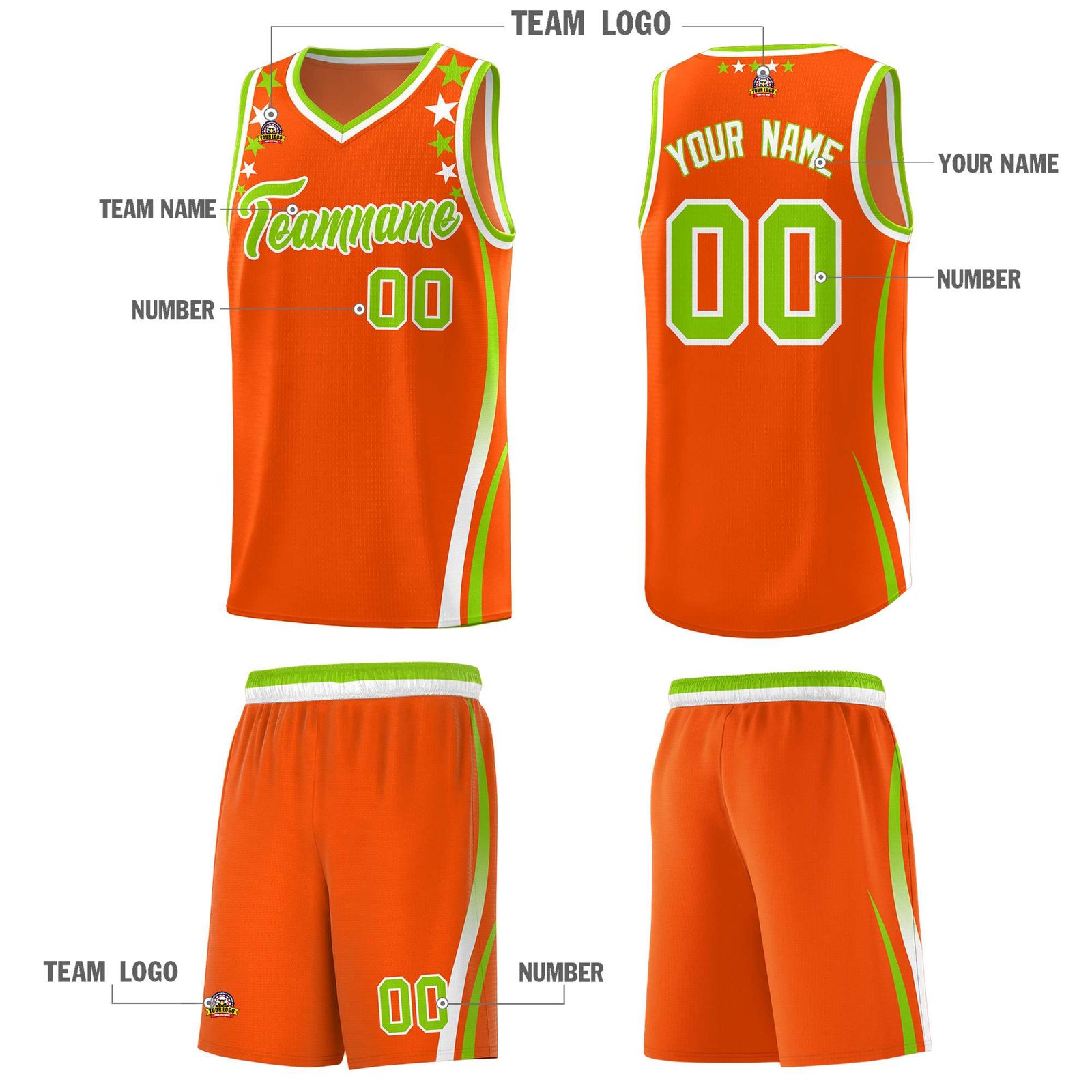 Custom Orange Shoulders Star Pattern Side Color Block Sports Uniform Basketball Kits