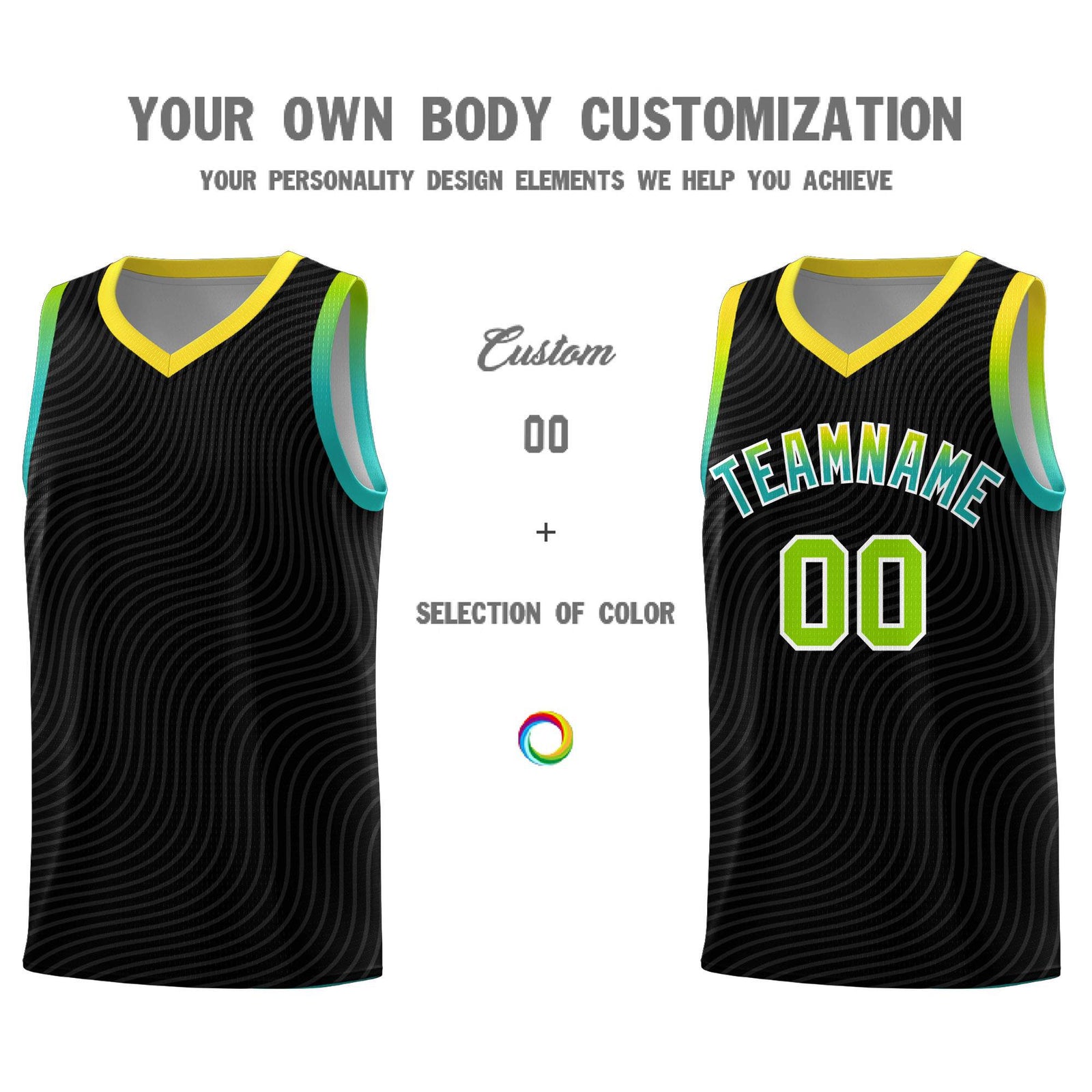 Custom Black Gold Wave Pattern Sports Uniform Basketball Kits