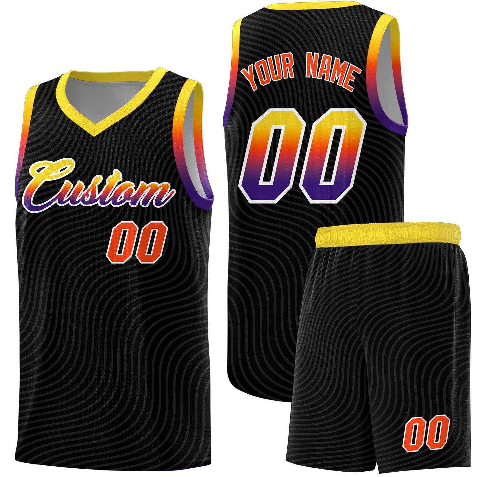 Custom Black Gold Wave Pattern Sports Uniform Basketball Kits
