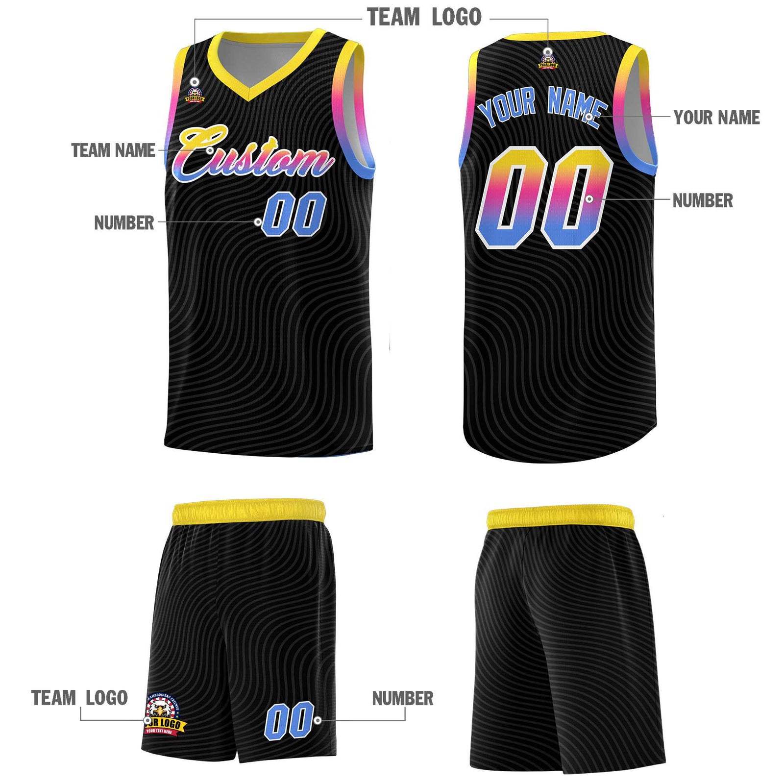 Custom Black Gold Wave Pattern Sports Uniform Basketball Kits