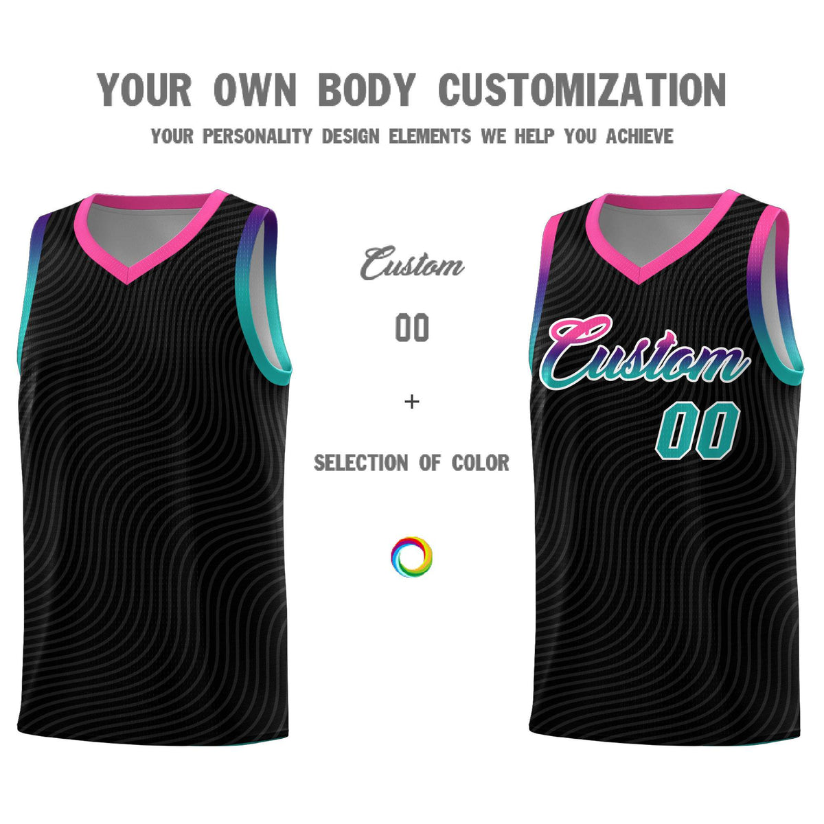 Custom Black Pink Wave Pattern Sports Uniform Basketball Kits