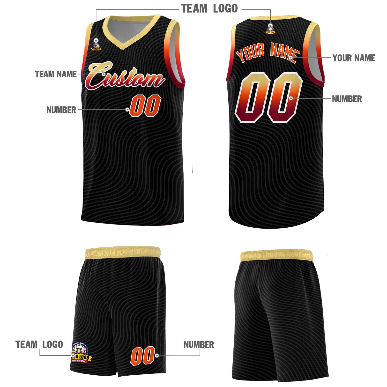 Custom Black Khaki Wave Pattern Sports Uniform Basketball Kits