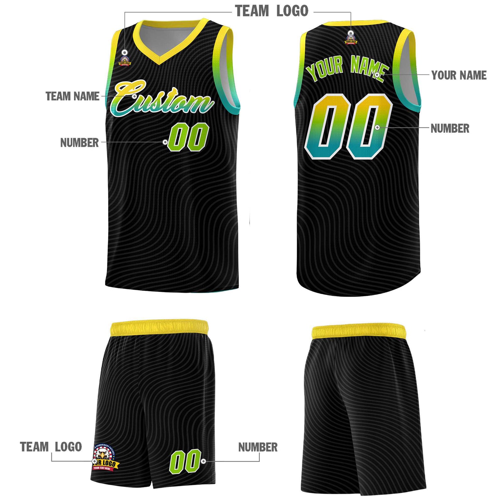 Custom Black Gold Wave Pattern Sports Uniform Basketball Kits