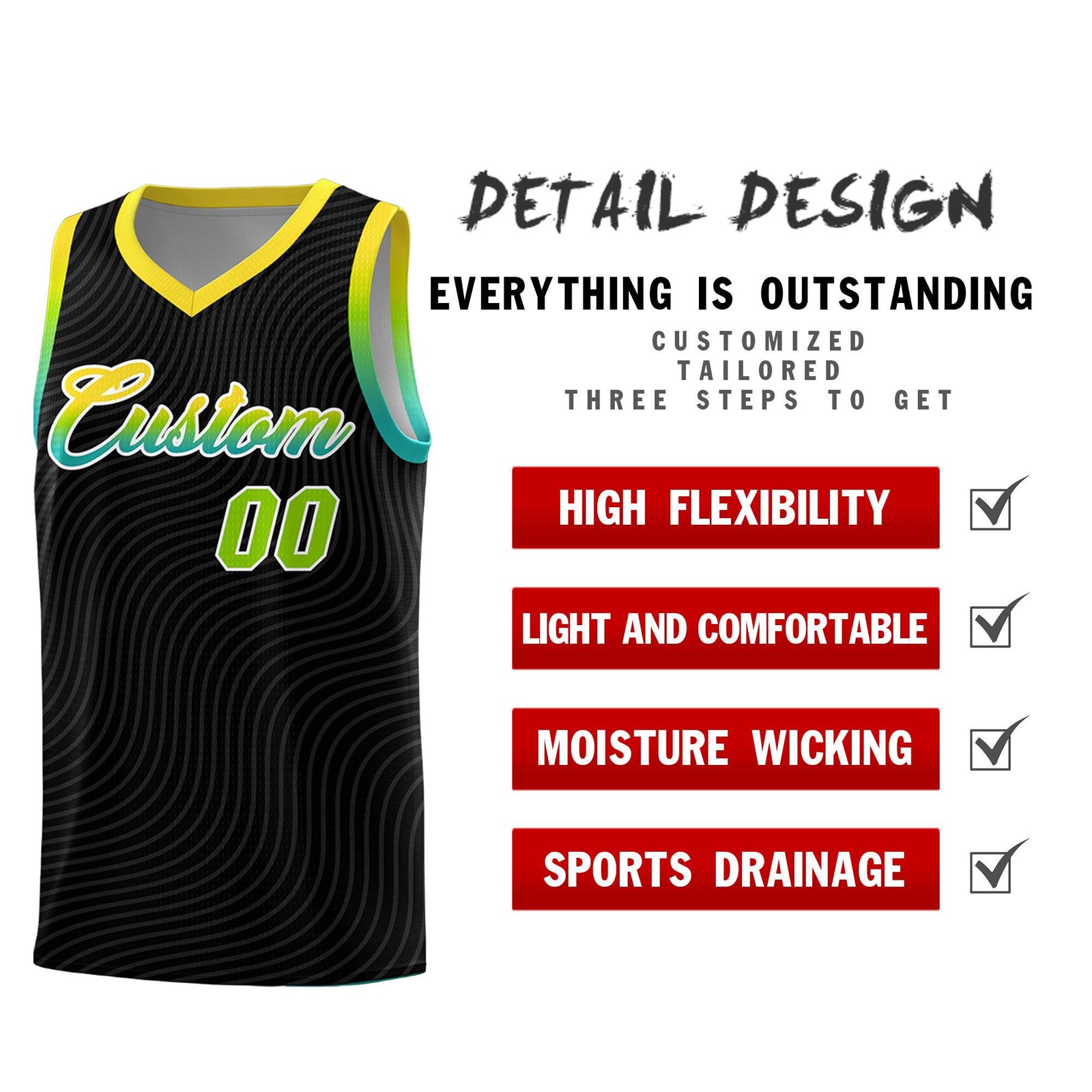 Custom Black Gold Wave Pattern Sports Uniform Basketball Kits