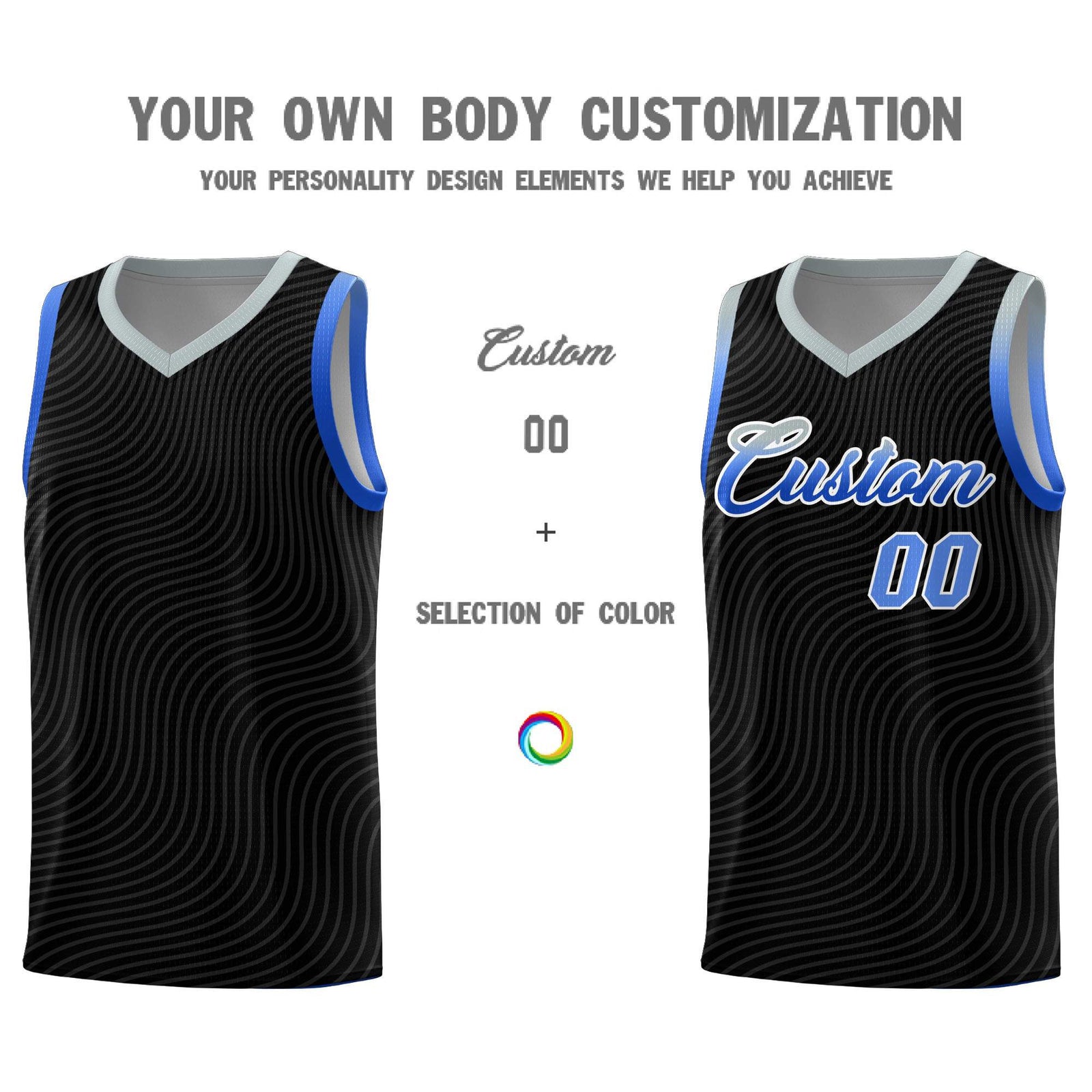 Custom Black Gray Wave Pattern Sports Uniform Basketball Kits