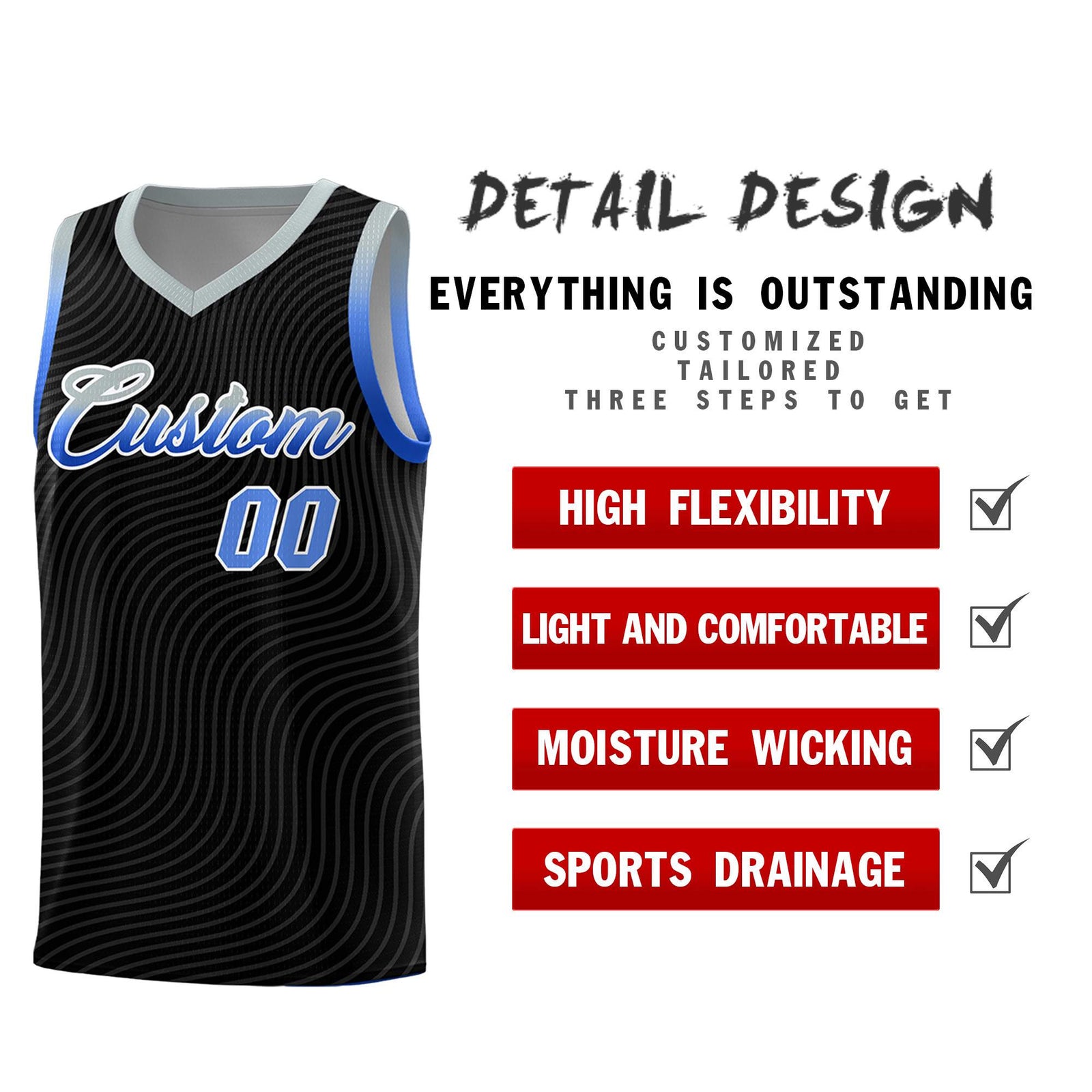 Custom Black Gray Wave Pattern Sports Uniform Basketball Kits