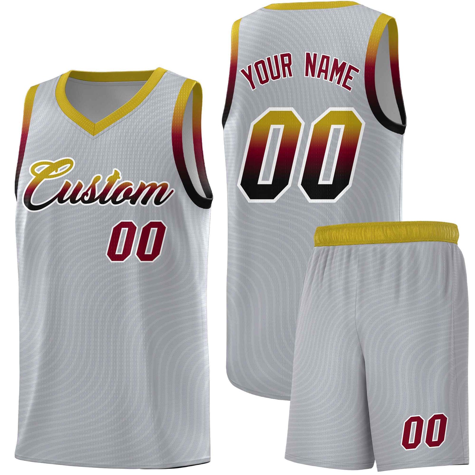 Custom Gray Old Gold Wave Pattern Sports Uniform Basketball Kits