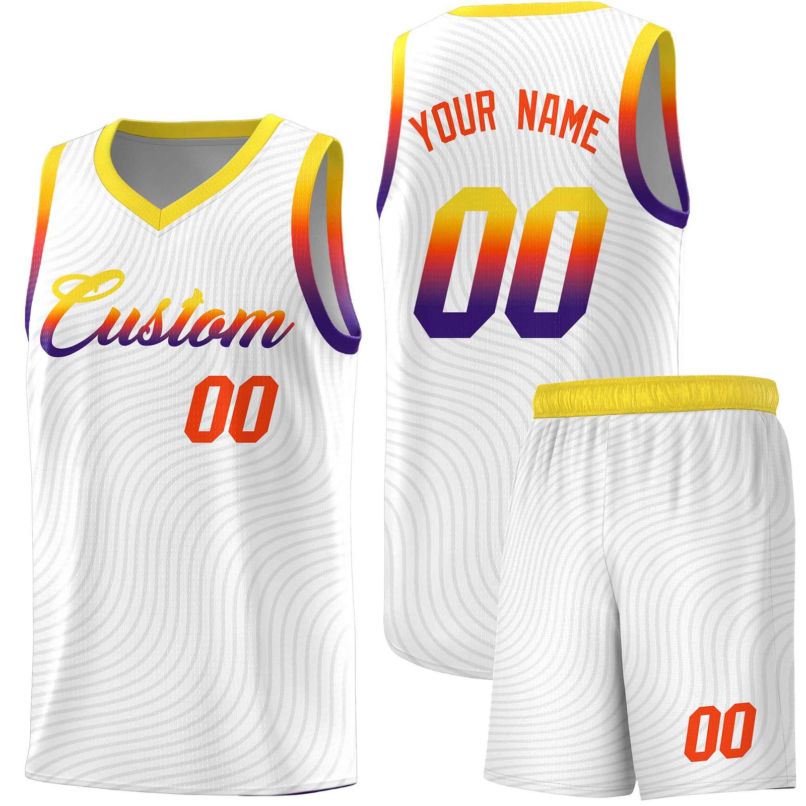 Custom White Gold Wave Pattern Sports Uniform Basketball Kits