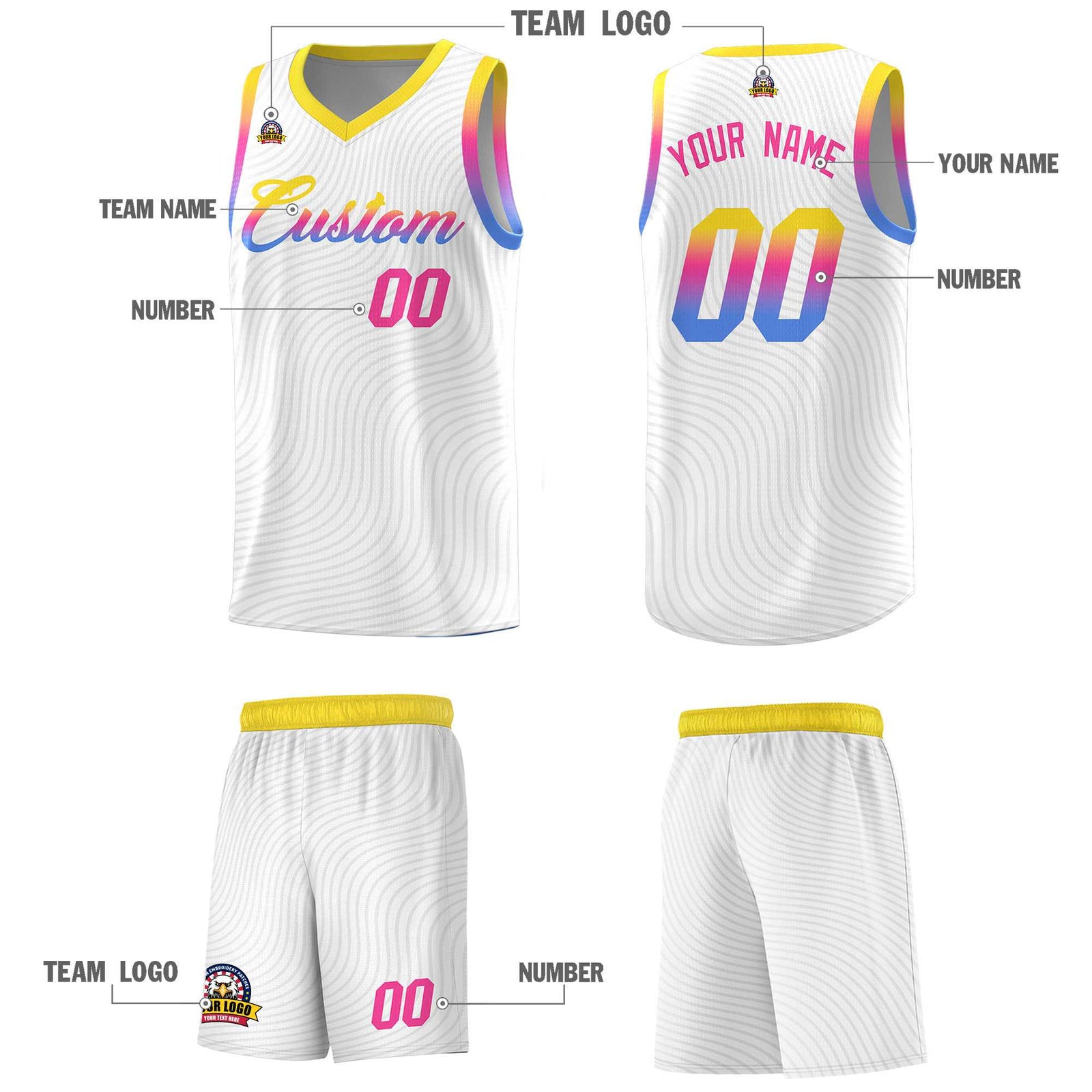 Custom White Gold Wave Pattern Sports Uniform Basketball Kits