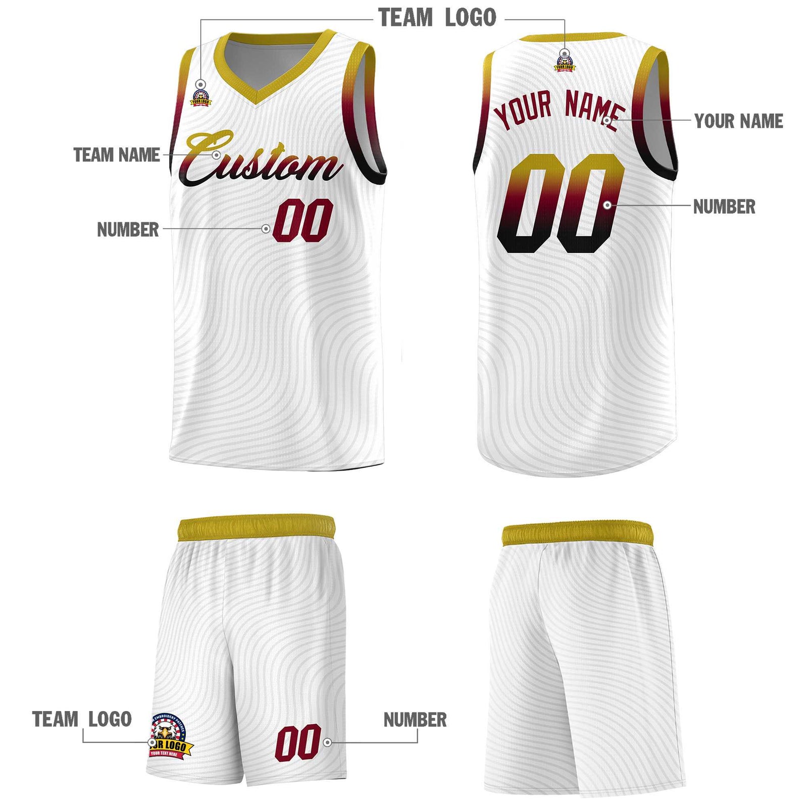 Custom White Old Gold Wave Pattern Sports Uniform Basketball Kits