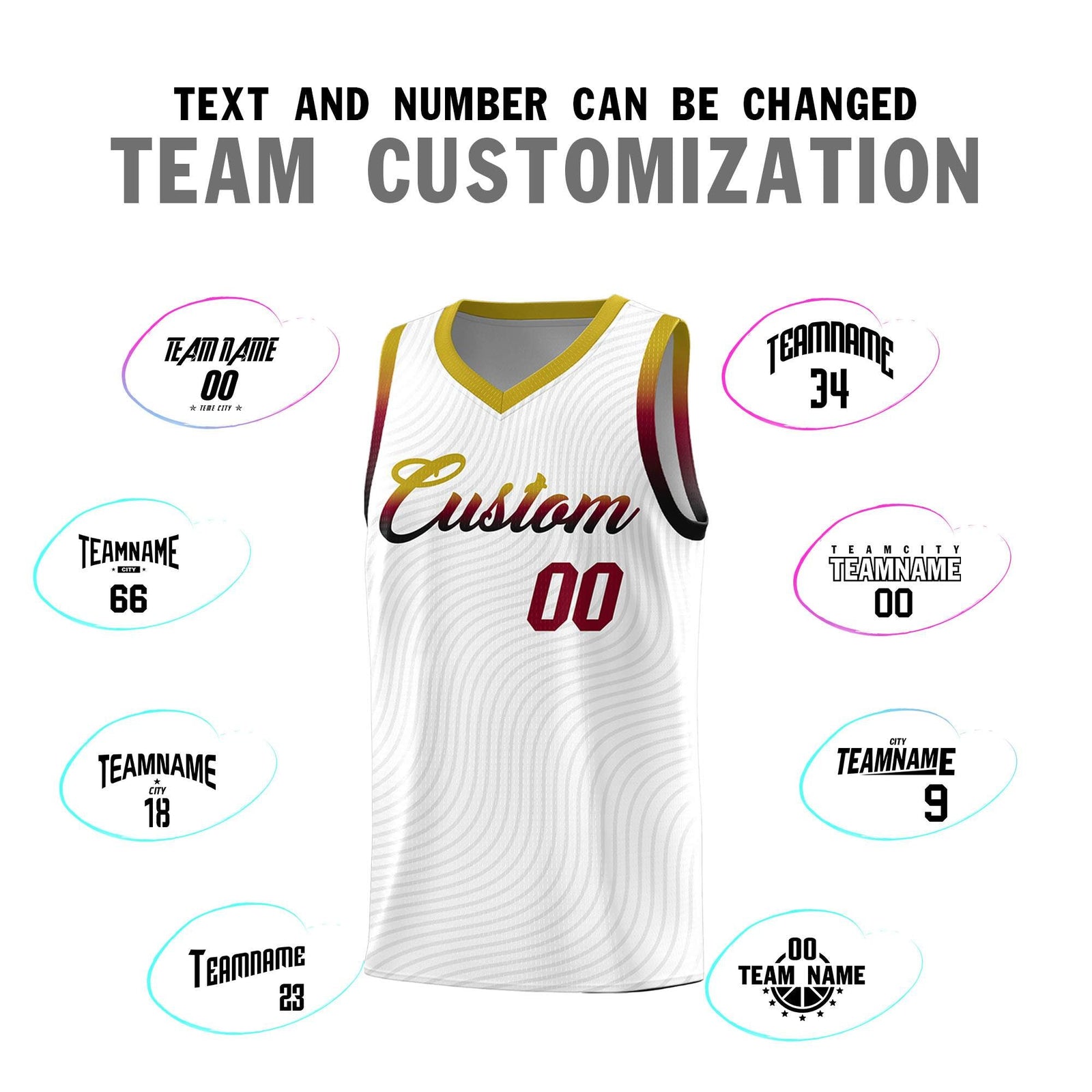 Custom White Old Gold Wave Pattern Sports Uniform Basketball Kits