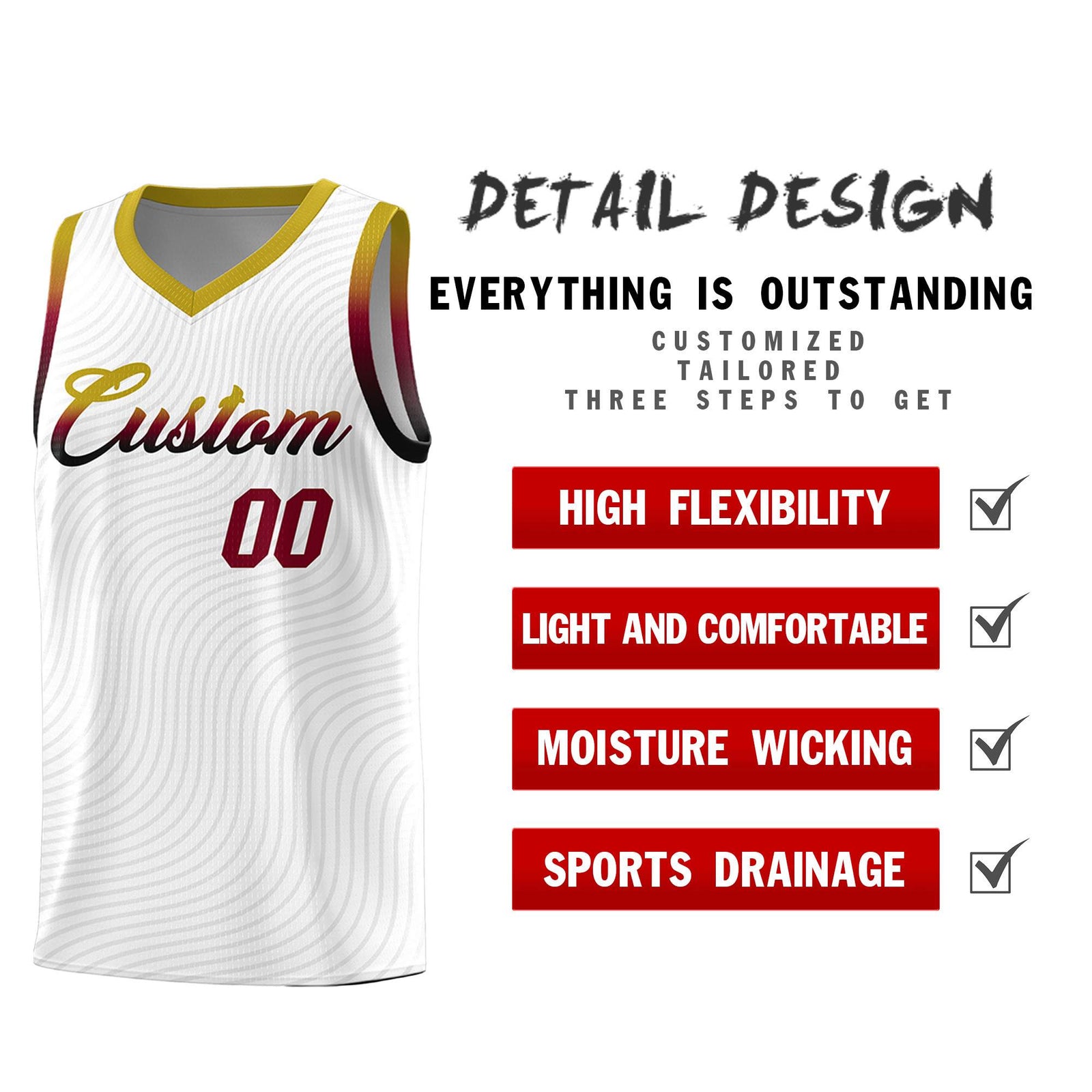 Custom White Old Gold Wave Pattern Sports Uniform Basketball Kits