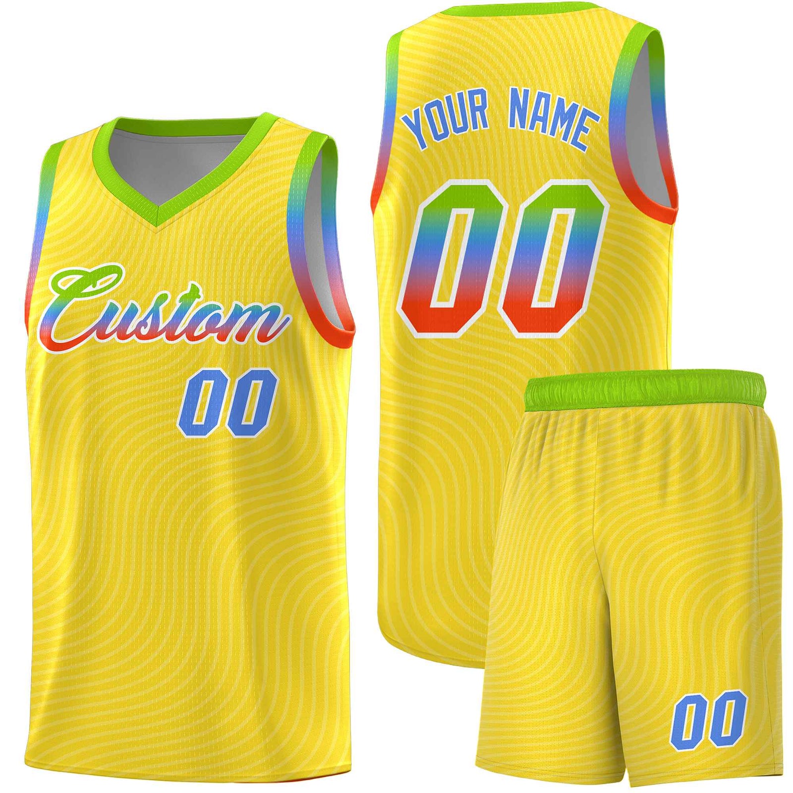 Custom Gold Neon Green Wave Pattern Sports Uniform Basketball Kits