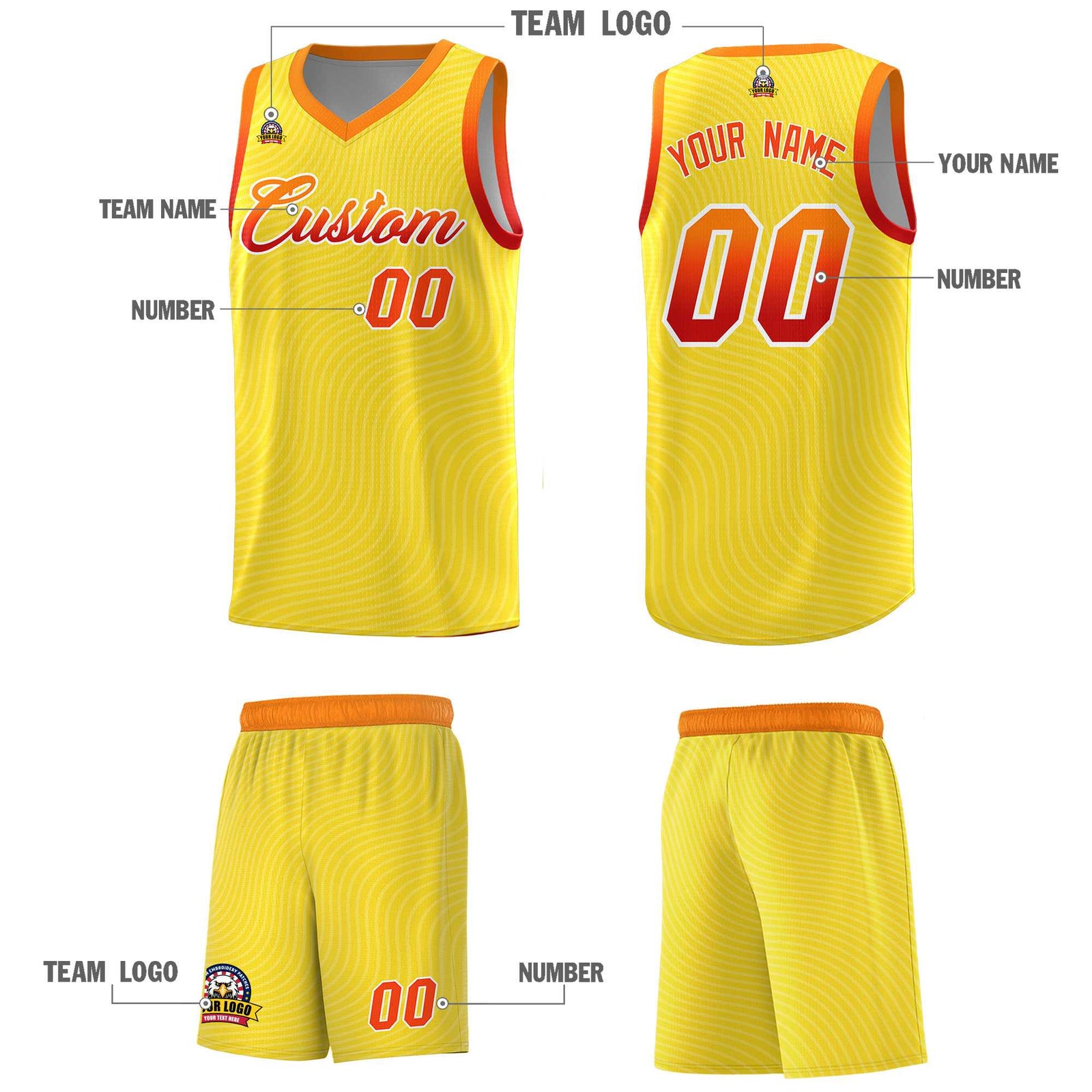 Custom Gold Orange Wave Pattern Sports Uniform Basketball Kits